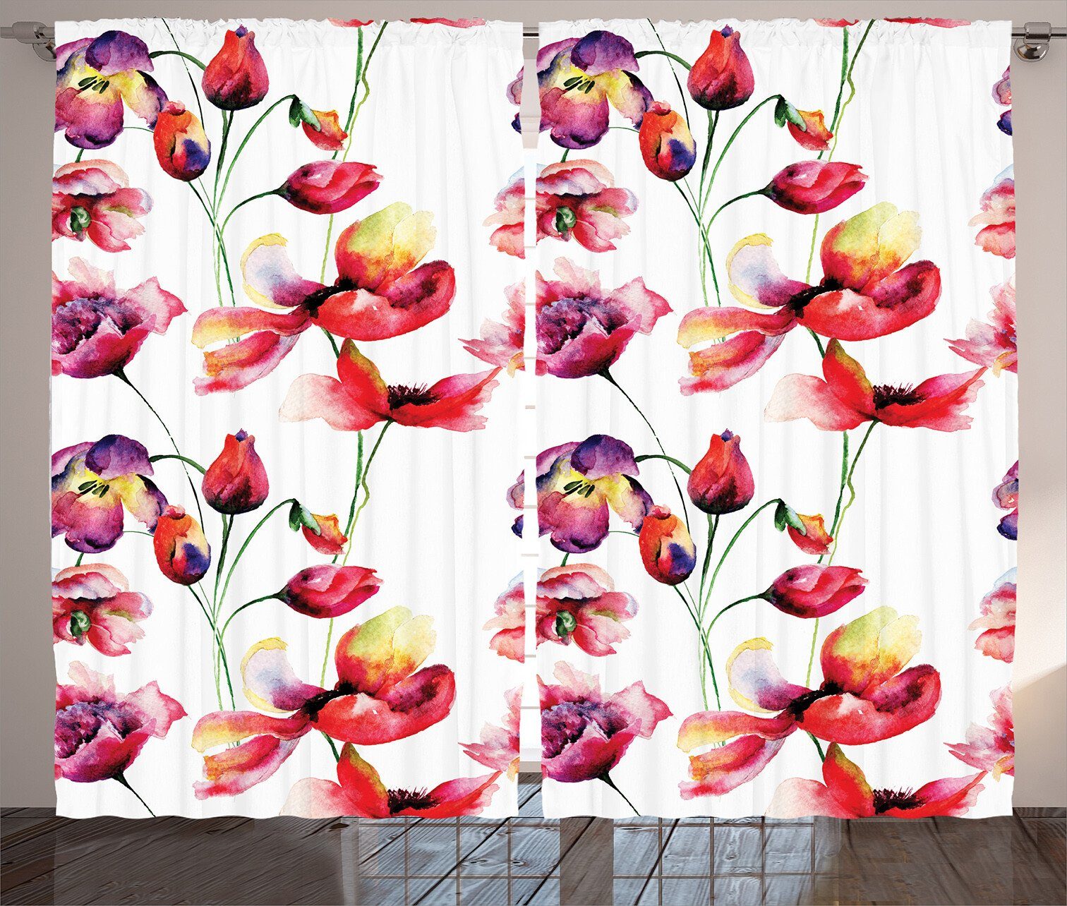 Gardine Schlafzimmer Kräuselband Vorhang mit Schlaufen und Haken, Abakuhaus, Blumen Blooming Tulip Poppy