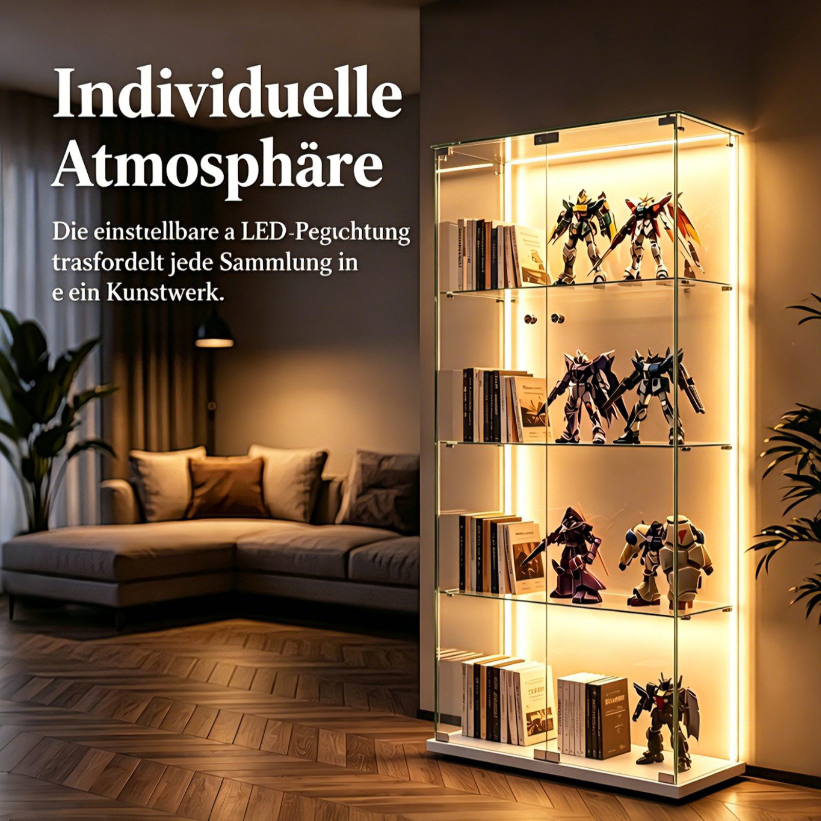 Simurq Glasvitrine Standvitrinen mit LED Beleuchtung Vitrinenschrank mit Glastür (glas vitrine mit 2 Glastür und 4 Lagen,Schloss,Kippsicherung) Sammlervitrine a – Bild 3 von 5
