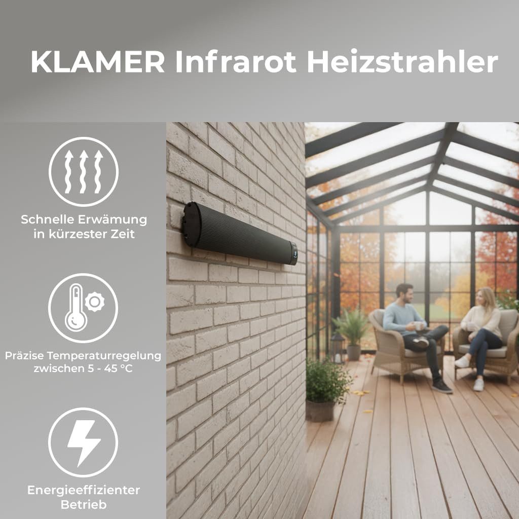 KLAMER Infrarotheizung Infrarotheizung 2600 W – WLAN Heizstrahler mit App, Smart-Steuerung, Fenster-offen-Erkennung, Überhitzungs- und Kippschutz