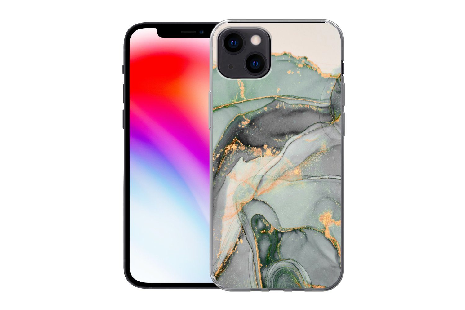 MuchoWow Handyhülle für Apple iPhone 13 Gold - Marmor - Grün - Luxus - Glitzer - Marmoropt, Smartphone-Bumper, Print, Handy Schutzhülle Dünn