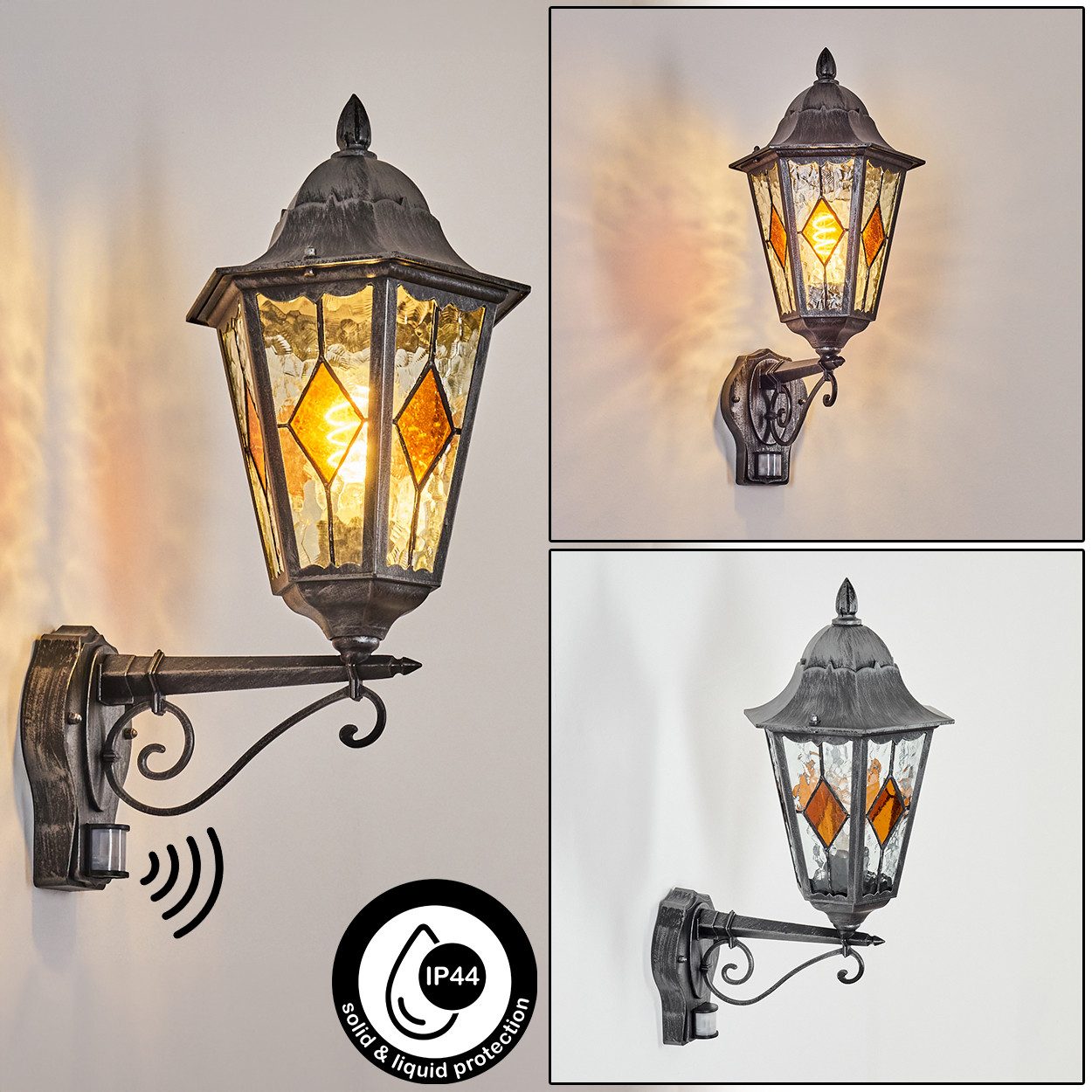 hofstein Außen-Wandleuchte Außenwandlampe mit Bewegungsmelder aus Metall/Glas, E27, IP44, Wandleuchte außen im Vintage/Antik-Design, Silber/Schwarz/Klar/Orange