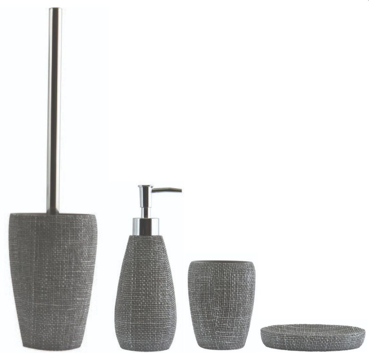 MSV Badaccessoires-Sets ENZO, Zubehör-Set aus Polyresin, grau,  Leinen-Optik, 4 tlg., bestehend aus: WC-Bürste, Seifenspender,  Zahnputzbecher, Seifenschale, Polyresin, grau, trendige Leinen Optik