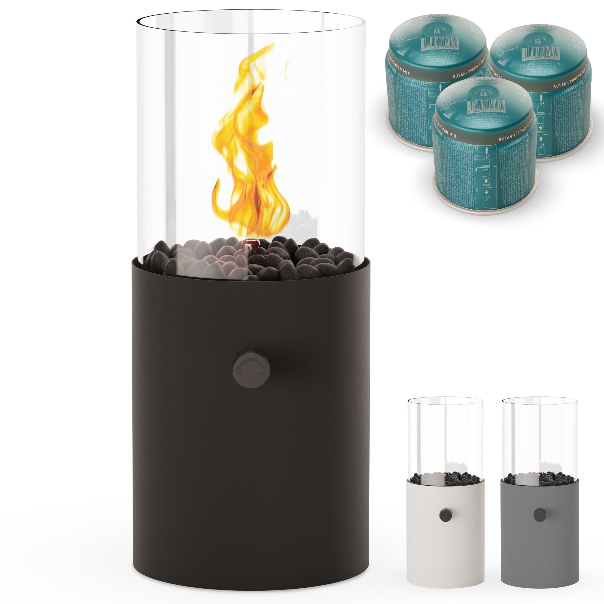 TOM Echtfeuer-Dekokamin Tischkamin Gas mit 3x 190g Kartuschen, Dekosteine, 3 x 190 g Gaskartuschen, Indoor, Outdoor