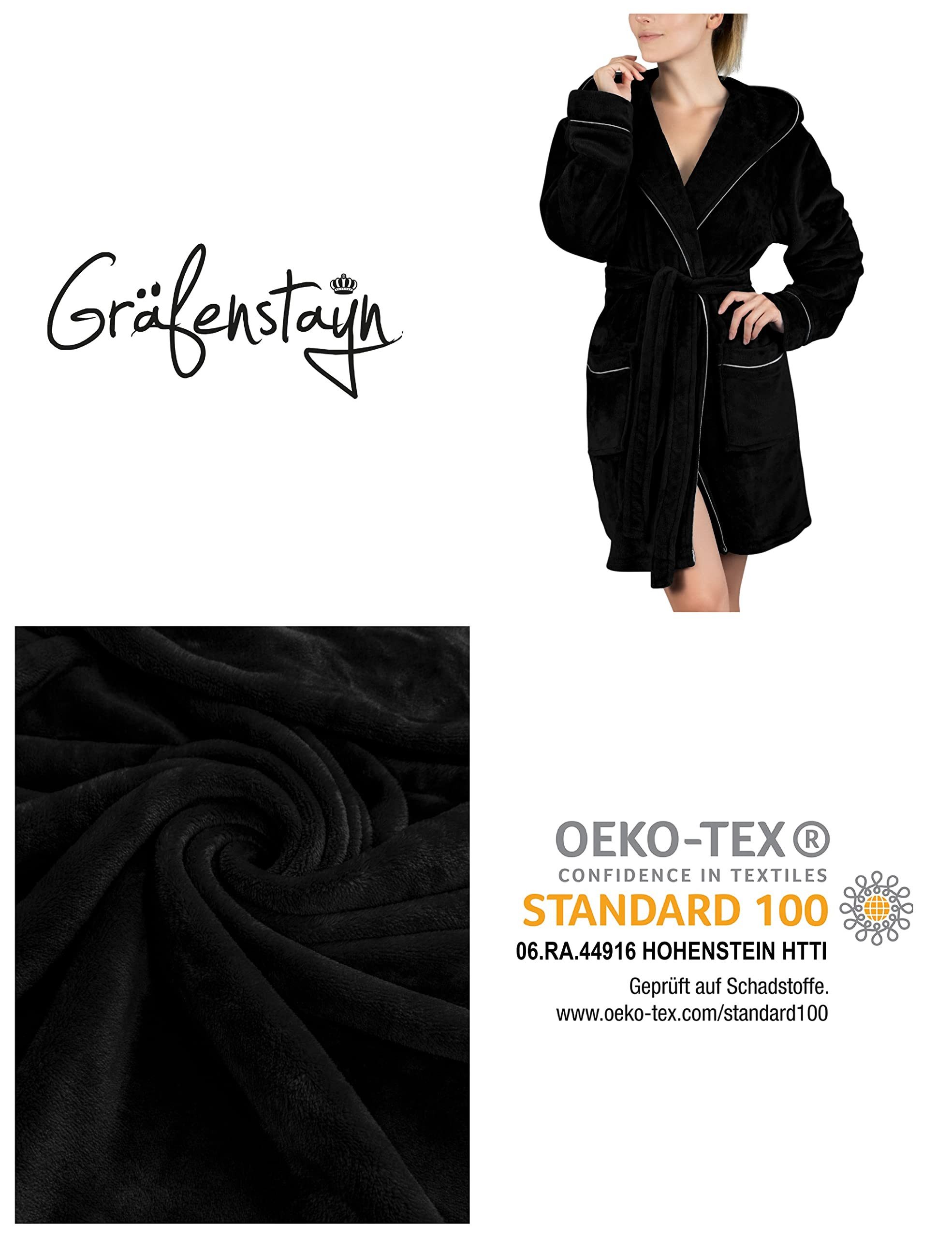 Gräfenstayn Damenbademantel Bademantel Damen flauschig Kapuze Kuschelfleece leicht kurz, warm & kuschelig, Knielang, Fronttaschen, Gürtel, S-XXL