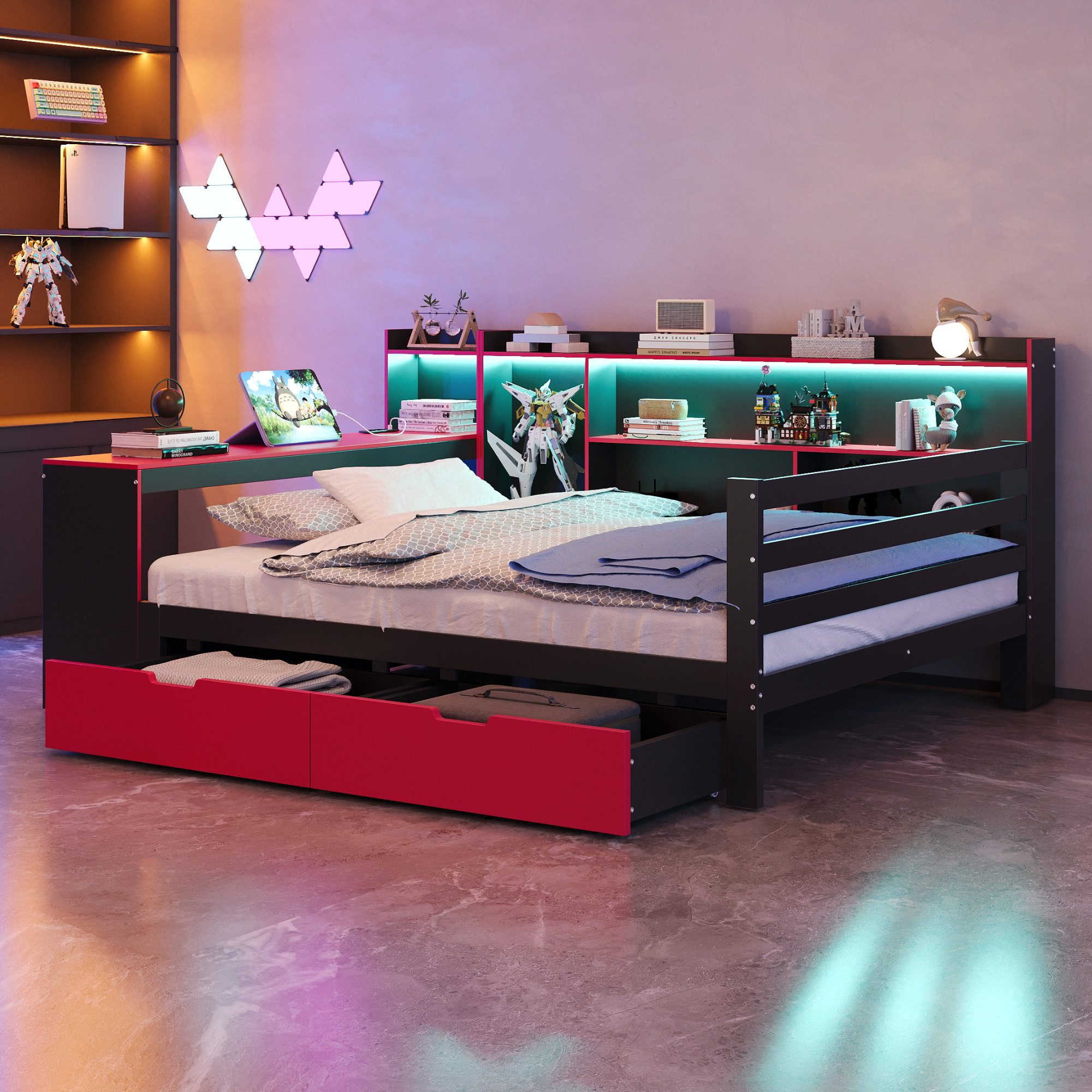 Flieks Daybett, Holzbett 140x200cm mit Schreibtisch Staufach Schubladen LED & Aufladen