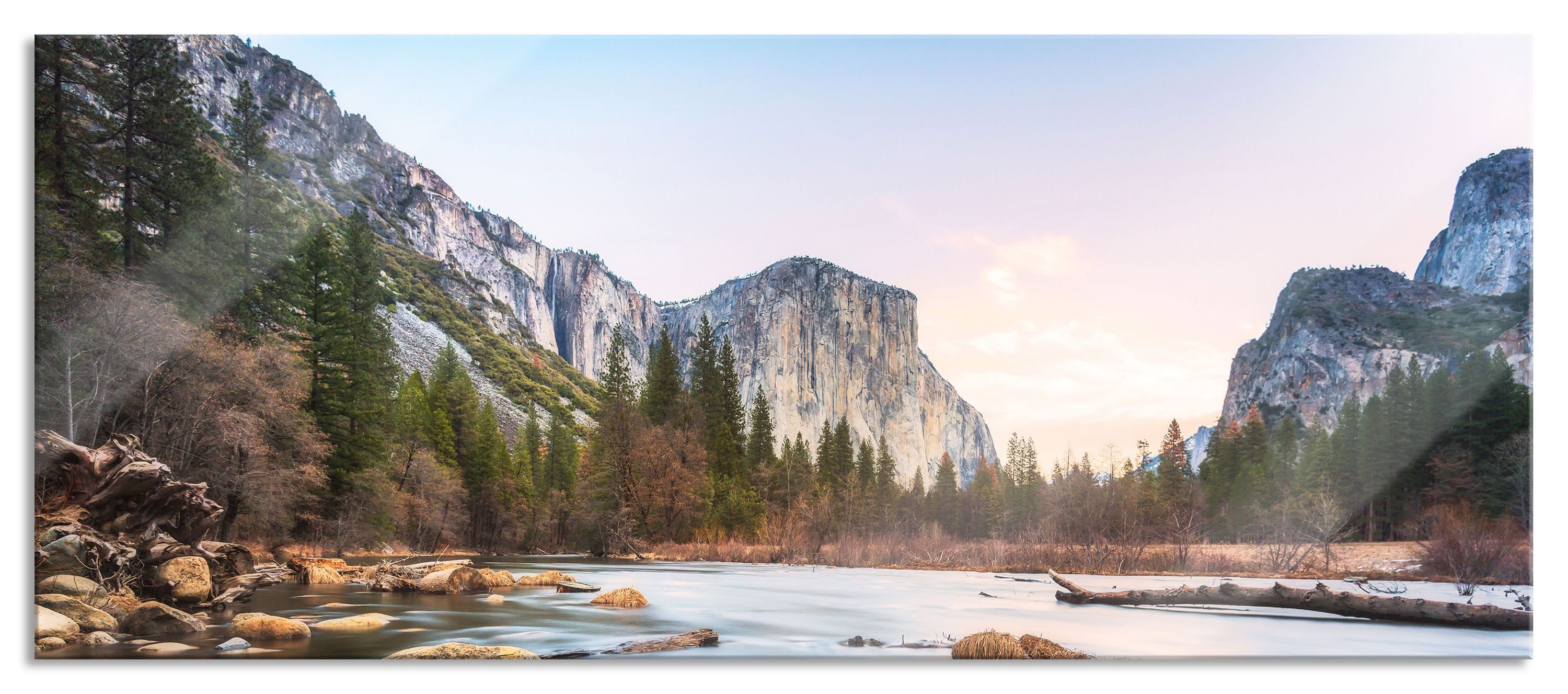 aus und inkl. Park Yosemite (1 Pixxprint Echtglas, Yosemite Glasbild Glasbild National St), Abstandshalter Park, Aufhängungen National
