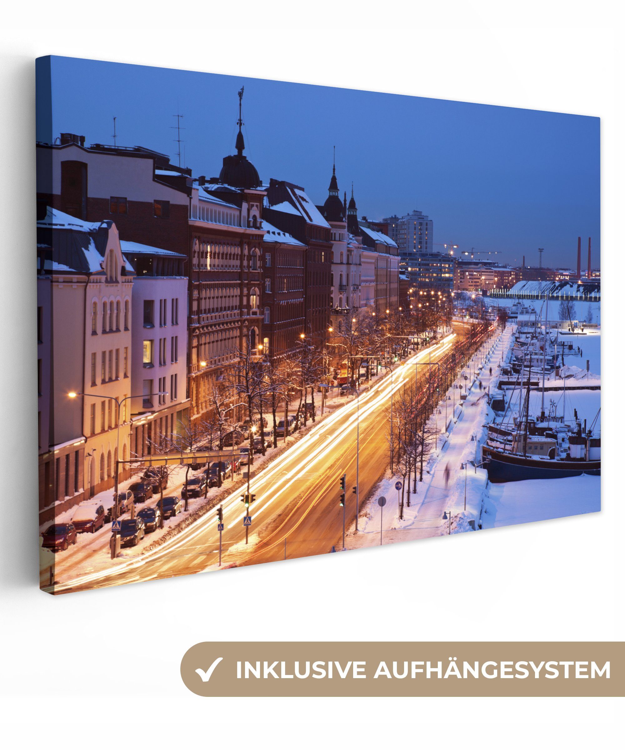 OneMillionCanvasses® Leinwandbild Helsinki - Straße - Winter, (1 St), Wandbild Leinwandbilder, Aufhängefertig, Wanddeko, 30x20 cm
