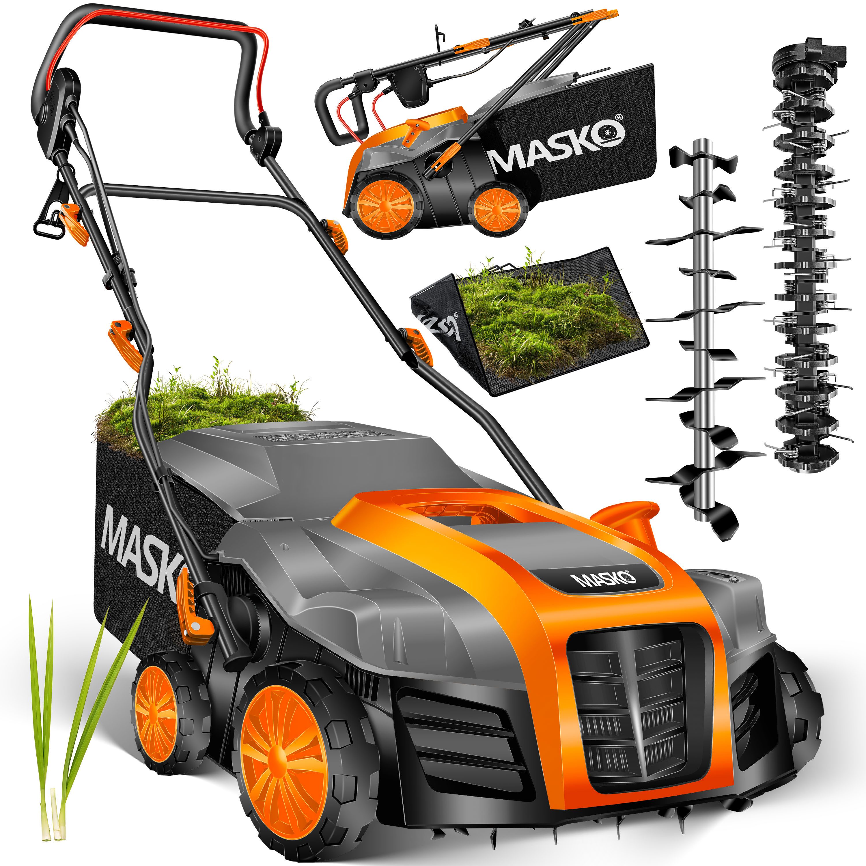 MASKO Elektro-Vertikutierer 2in1 Rasenlüfter 1800W, 5-stufige Arbeitstiefe, 40 cm Arbeitsbreite, Moosentferner mit 55L Fangkorb, 20 Stahlmesser höhenverstellbarer Holm
