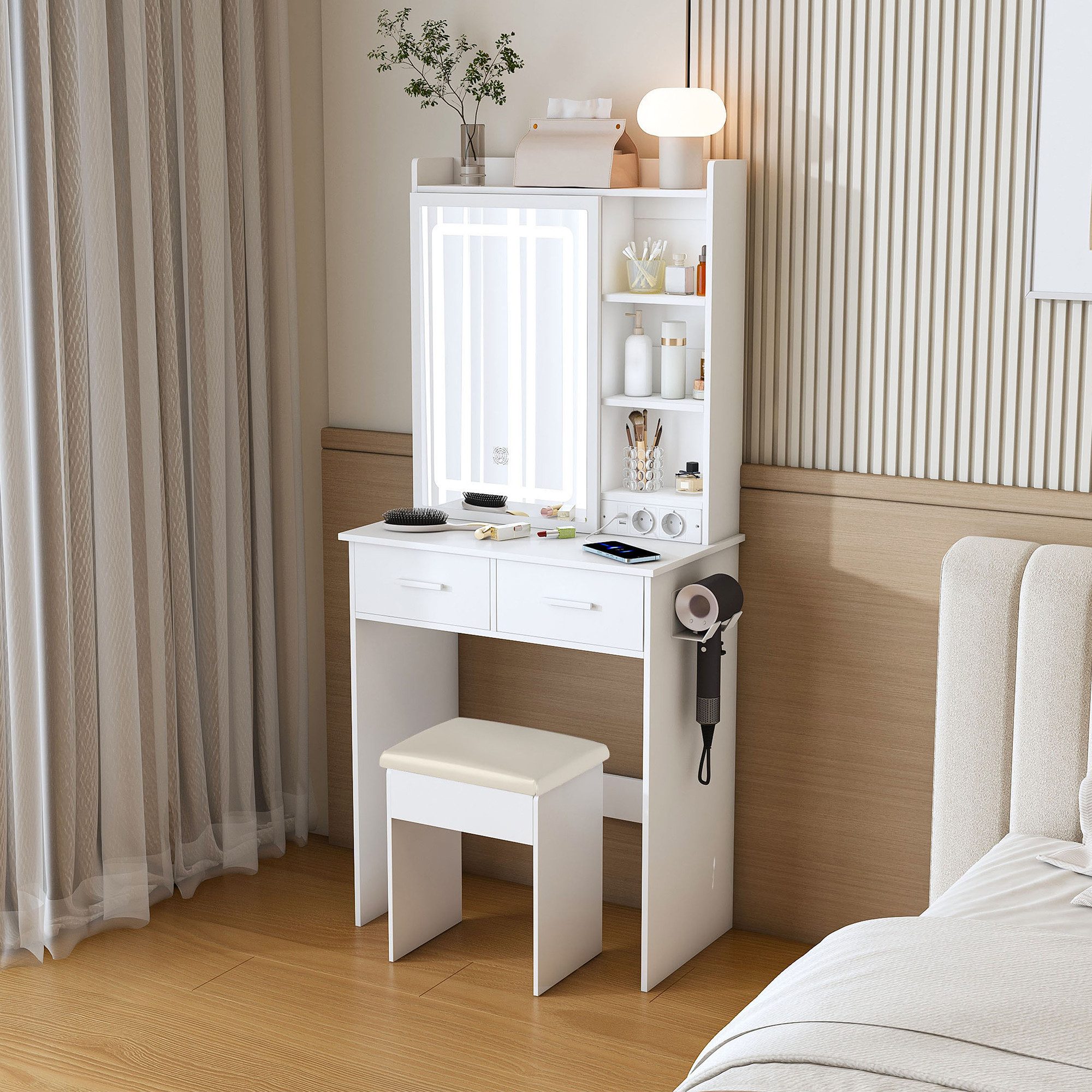 STILVORA Schminktisch mit Spiegel und Hocker Kosmetiktisch mit verstecktem Stauraum Weiß (Eck-Schminktisch mit Schminktisch, Nachttisch und Stuhl, mit transparenten Glasplatte), Einfache Montage