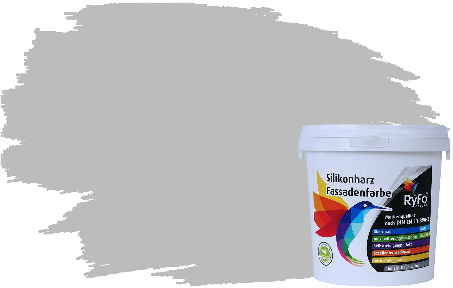 RyFo Colors Fassadenfarbe Silikonharz Fassadenfarbe Perlgrau 1l, 1 L ca. 6 m², Wasserabweisend, diffusionsfähig, schützt vor Schmutz, Algen, Pilzen
