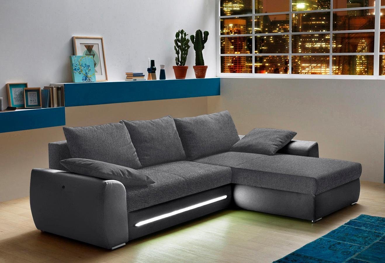 Jockenhöfer Gruppe Ecksofa Basel, inklusive und LED-Beleuchtung, schwarz | Bettfunktion schwarz mit Bettkasten