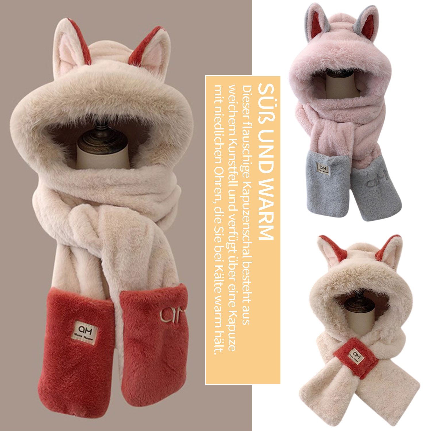 Refttenw Fellimitatmützen Mütze, Schal, Handschuhe 3-in-1-Design, warme Müt günstig online kaufen