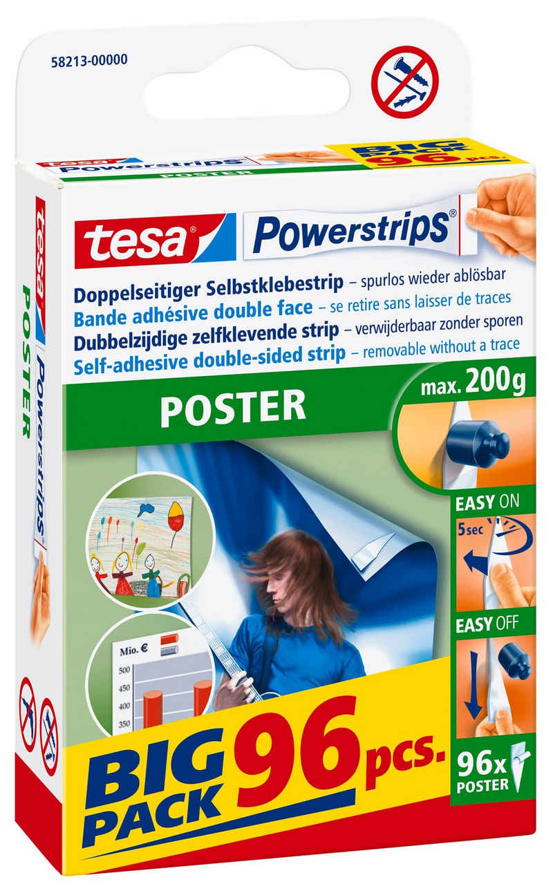 tesa Klebehaken POWERSTRIPS Poster Doppelseitige Klebestreifen, (Packung, 96-St., 96 Stck), Stripes selbstklebend - max. 200 g