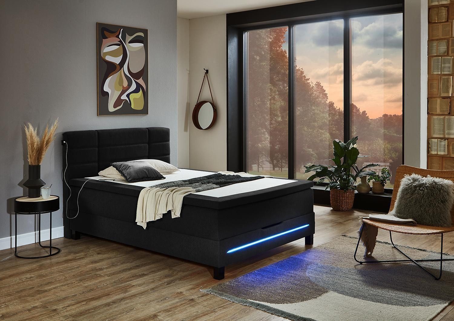 Boxspringbett BX2260, 140 x 200 cm, Anthrazit, Stoff, Bettkasten, RGB-Farbwechsel, USB-Ladeanschluss