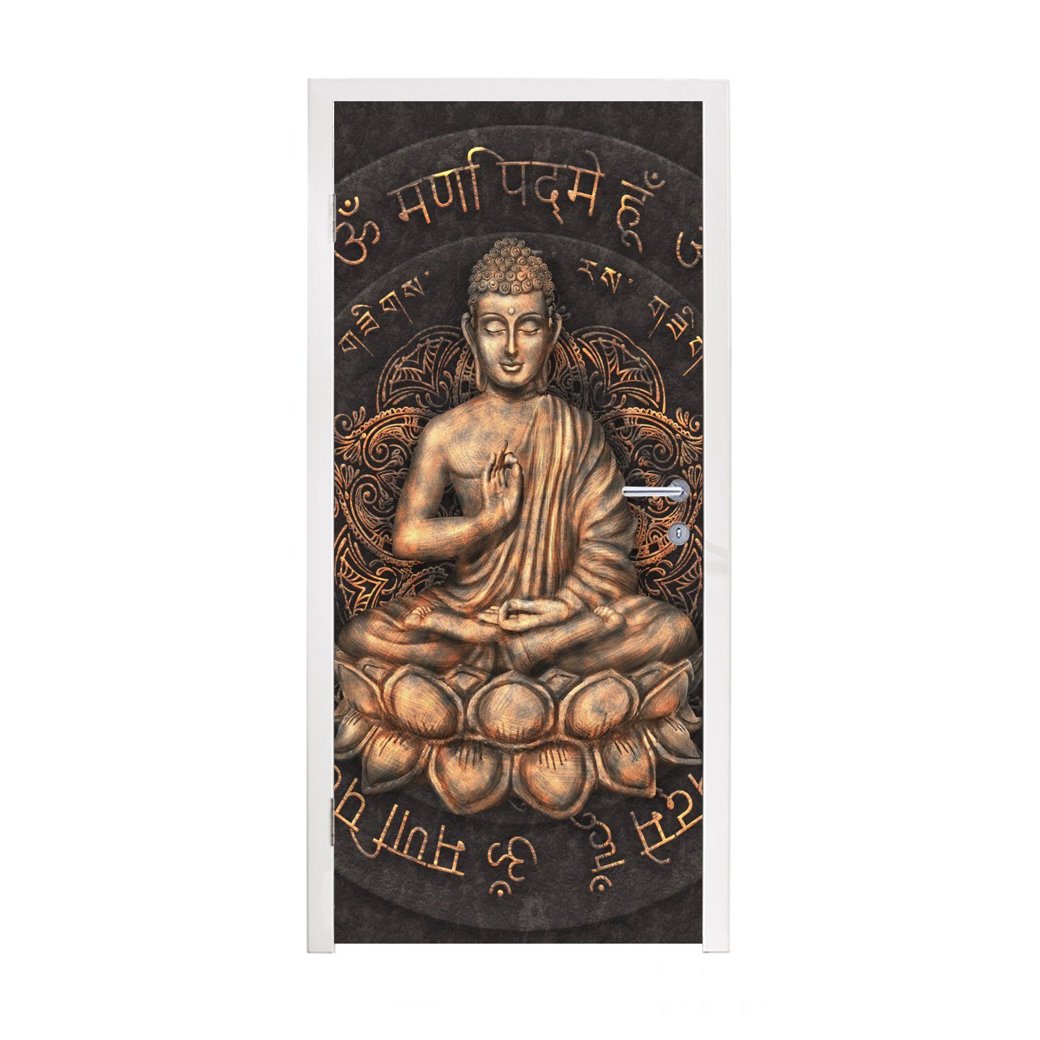 MuchoWow Türtapete Buddha - Mantra - Meditation - Spirituell - Kupfer, Matt, bedruckt, (1 St), Fototapete für Tür, Türaufkleber, 75x205 cm