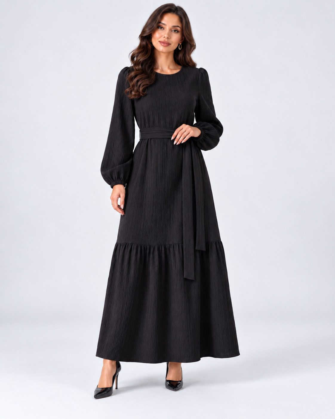 fashionshowcase Maxikleid Damen Crinkle Kleid mit Gürtel, Ballonärmel, 140 cm, Gr. 36–46 Mit Bindegürtel in Taille und dezentem Volant am Saum