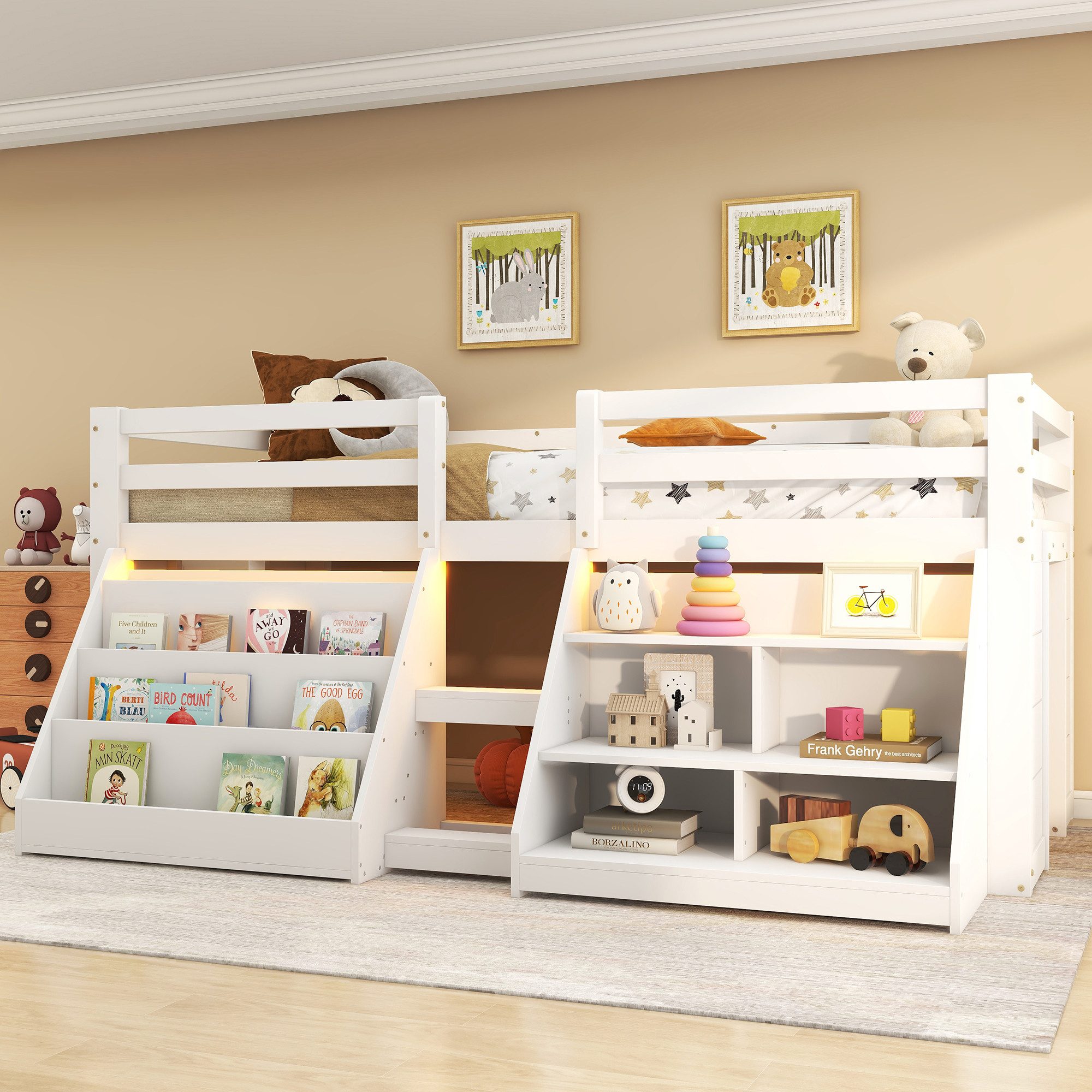 Flieks Hochbett Kinderbett Halbhochbett Holzbett 90x200cm mit 2 Stauraumregal und LED