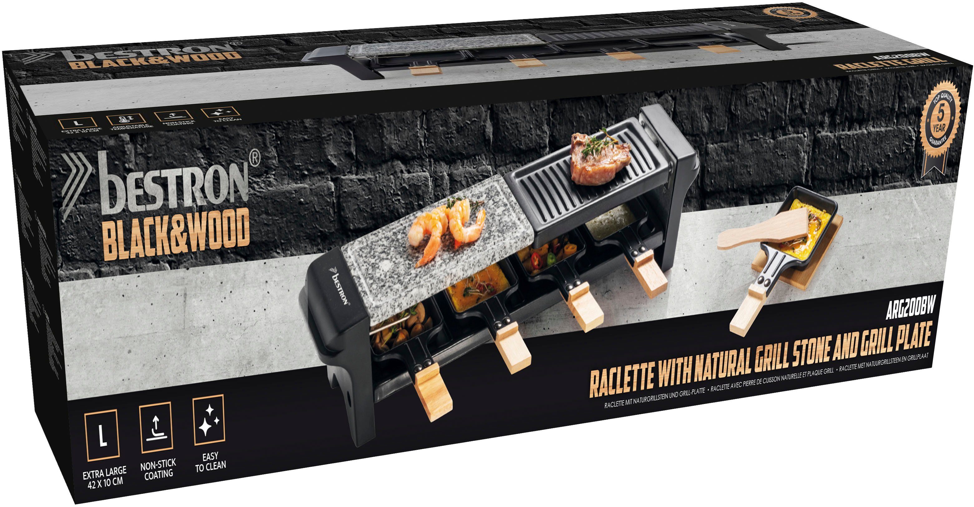 bestron Raclette Grill für 4 Pfännchen, 4 Untersetzern Raclettepfännchen, mit W, Holzschaber Personen, 4 4 & 4 650