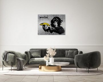 KUNSTLOFT Gemälde Banksy's Banana Joy 100x75 cm, Leinwandbild 100% HANDGEMALT Wandbild Wohnzimmer