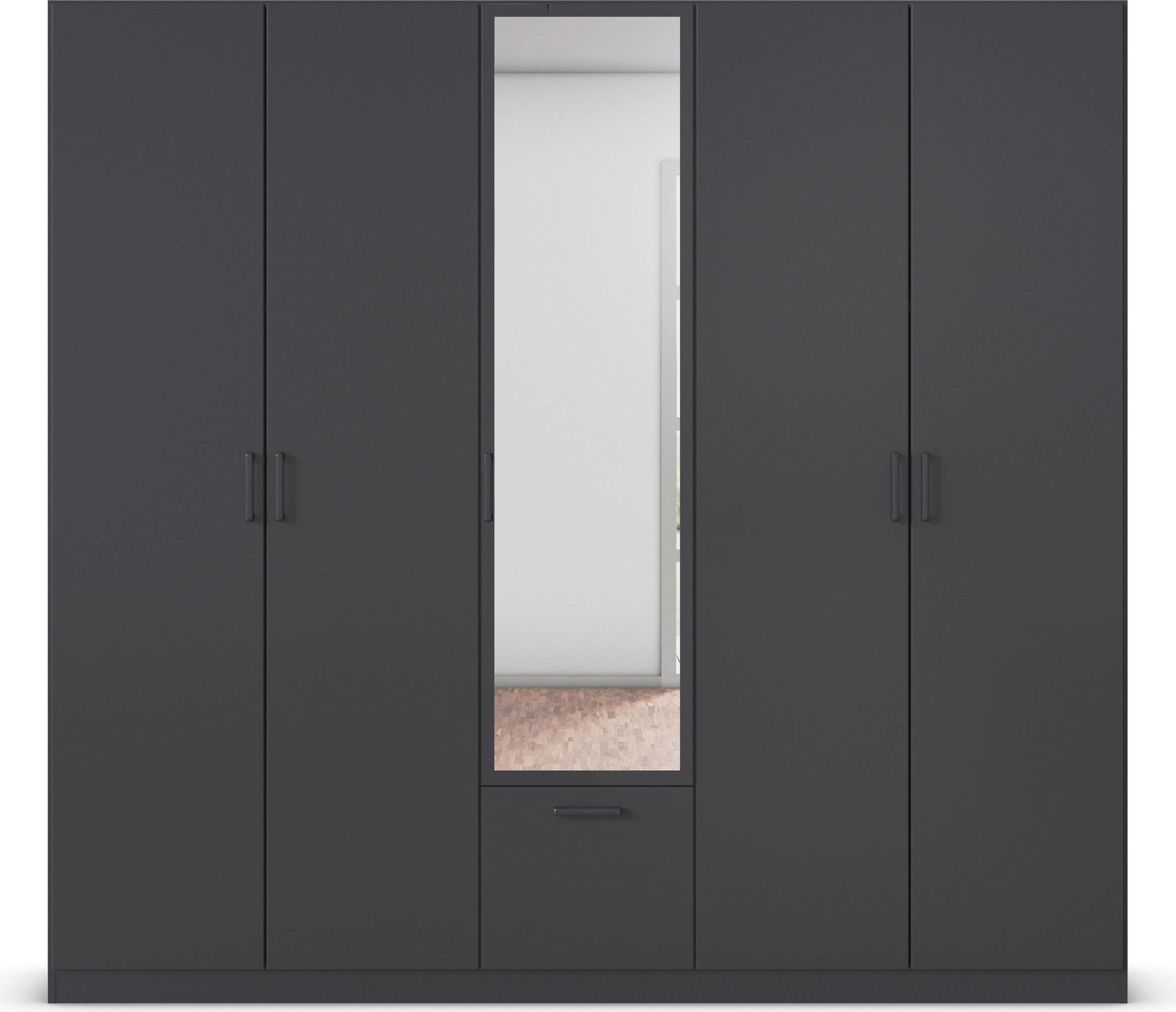 rauch Drehtürenschrank Kleiderschrank Schrank Garderobe Wäscheschrank BARI mit Spiegel mit Schubasten mittig, moderner Griff in Graumetallic MADE IN GERMANY