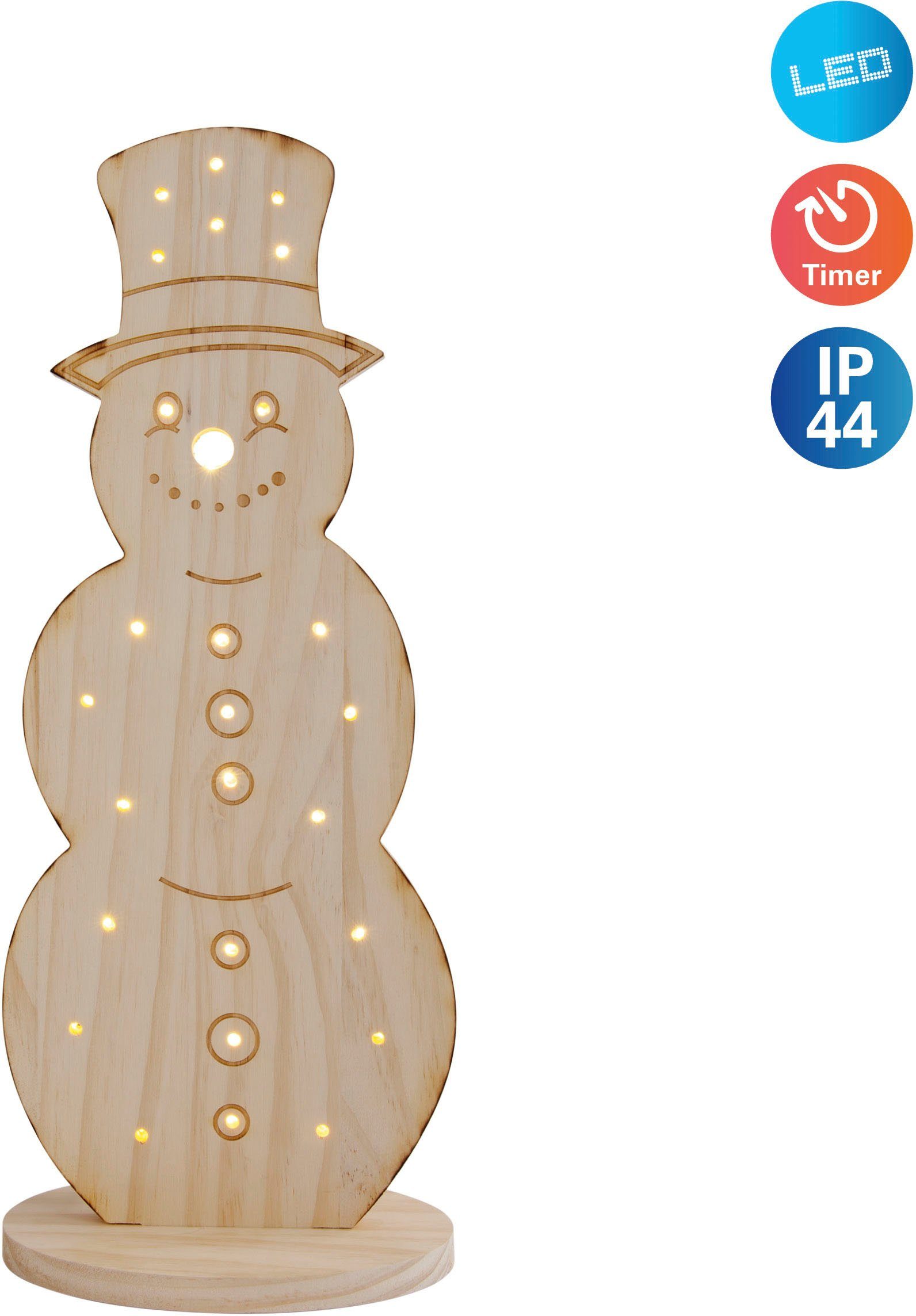 näve LED Dekoobjekt Snowy, Weihnachtsdeko aus Holz, Timerfunktion, LED fest  integriert, Warmweiß, Schneemann aus Holz, Höhe ca. 50 cm, Batteriebetrieb