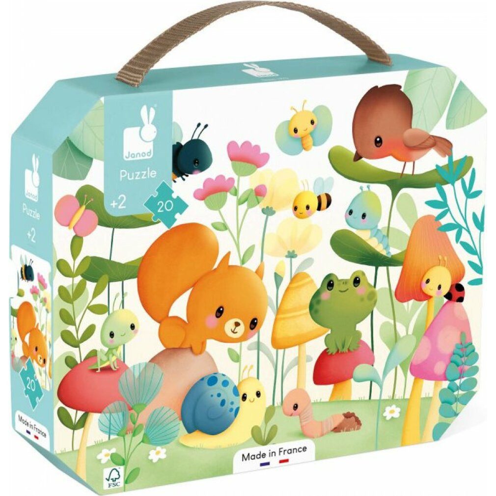 Janod Puzzle Puzzle im Koffer Freunde aus dem Garten 20 Teile, Puzzleteile