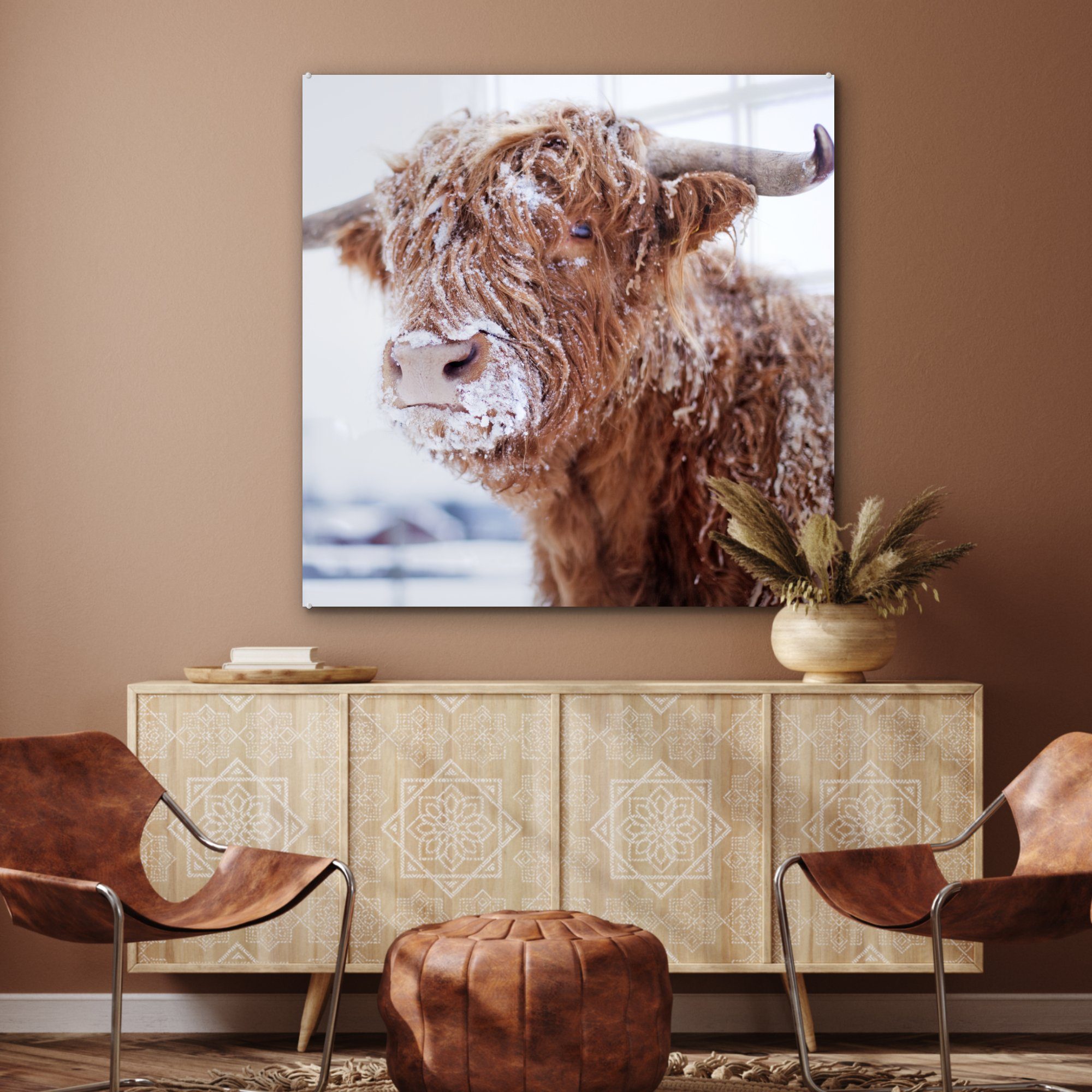 Dekorative Wohnzimmer Schottischer Braun, Acrylglasbild auf Küche & - MuchoWow für St), Highlander (1 Glas Schnee Bild -