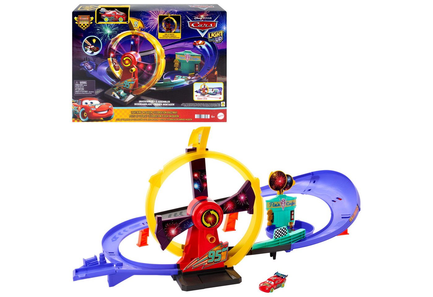 Mattel® Autorennbahn Disney Pixar Cars, Lightning McQueen Celebration Rennstrecke, Inklusive Fahrzeug mit Licht