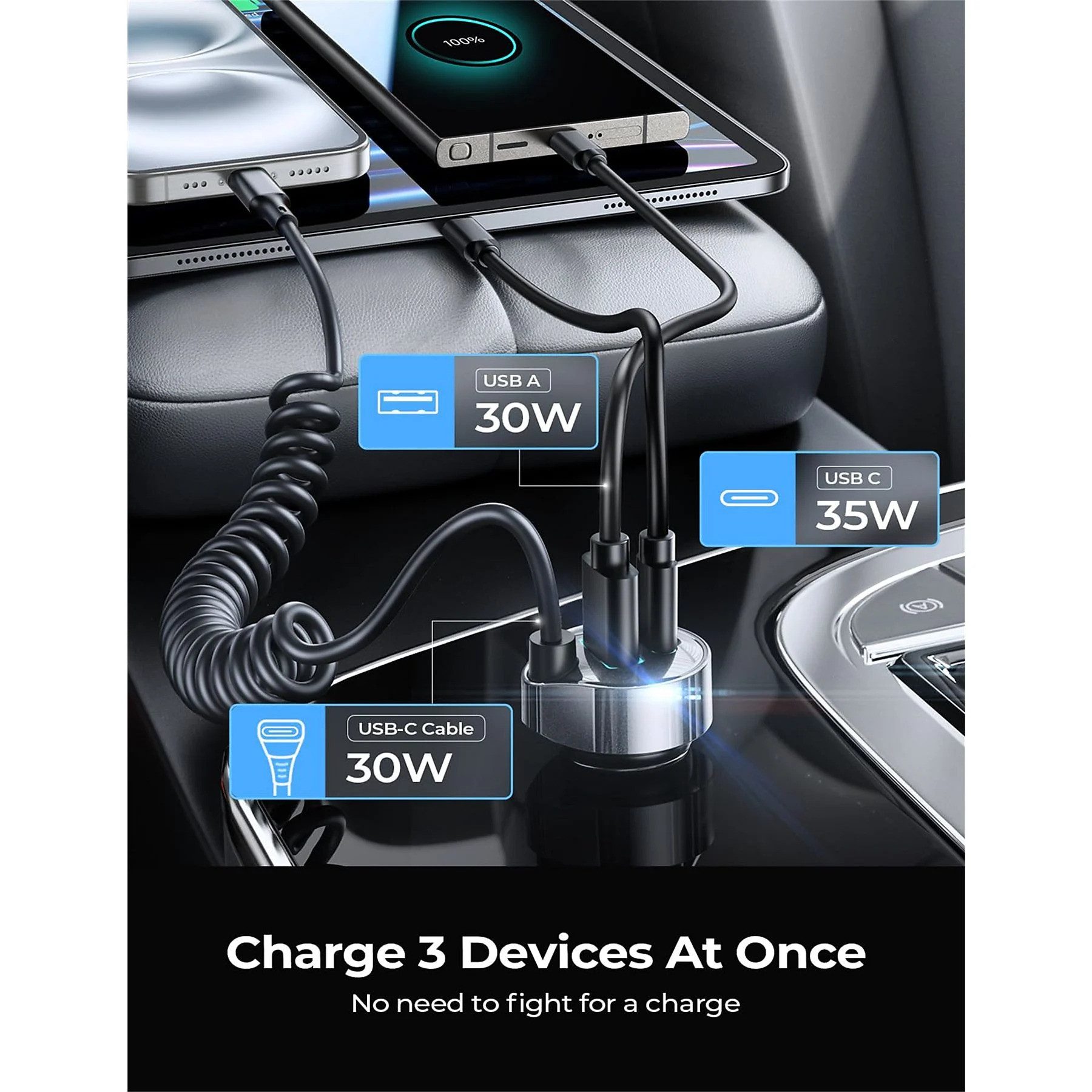GreenHec 90W USB C KFZ Ladegerät Zigarettenanzünder Spiralkabel PD Schnelllader USB-Ladegerät (90W gesamt, 45W USB-C PD, Spiralkabel, 4 Anschlüsse, 12V/24V) – Bild 4 von 5
