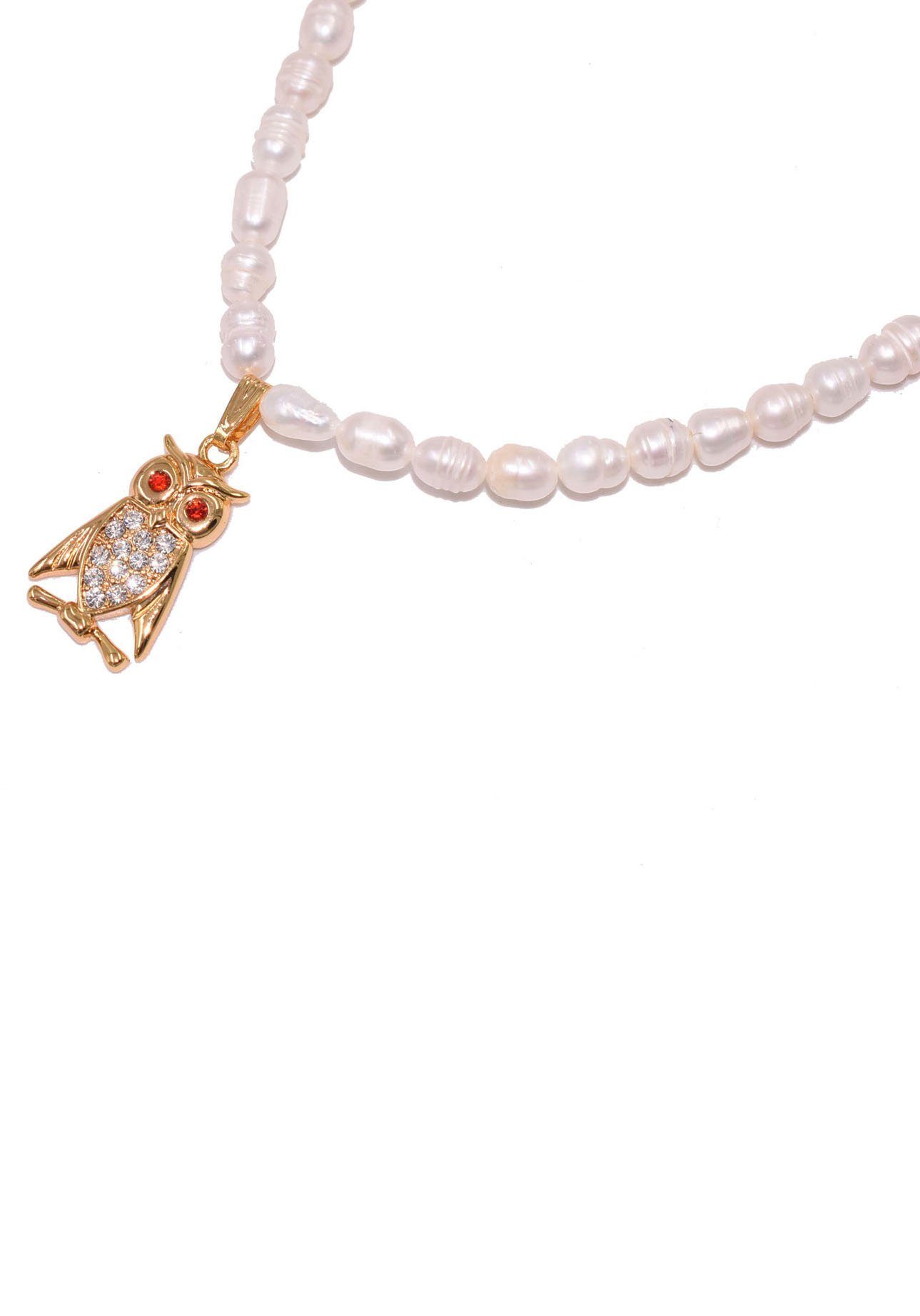 Firetti Kette mit Anhänger Perlenkette Eule Schmuck Geschenk Nuggets, Made in Germany - mit Glasstein - mit Süßwasserzuchtperle