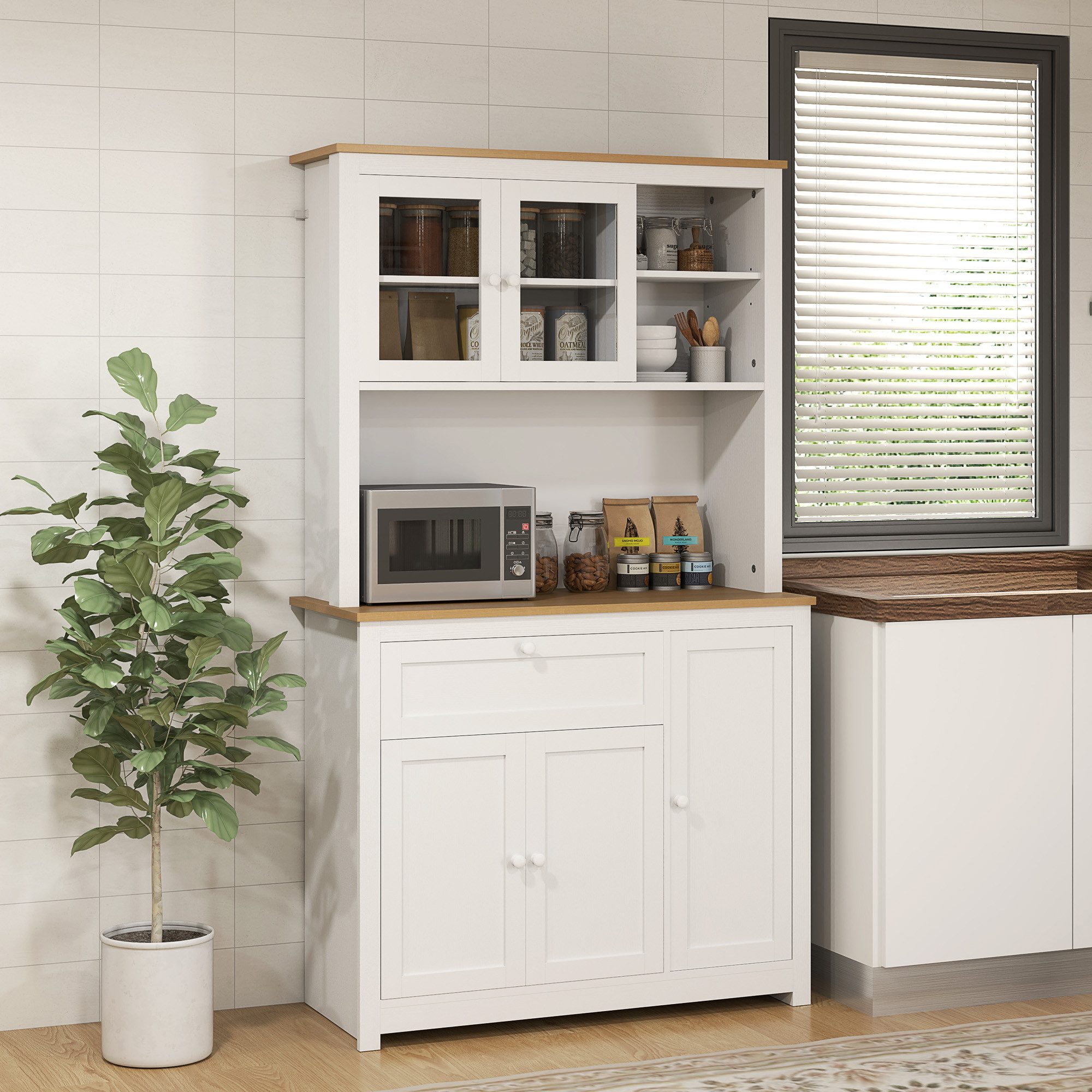 HOMCOM Küchenbuffet Hochschrank mit Arbeitsplatte, 5 Türen und Schublade Vorratsschrank (Vitrinenschrank mit Anti-Kipp-Schutz, 1-St., für Wohnzimmer, Küche) Weiß, 100 x 40 x 180 cm