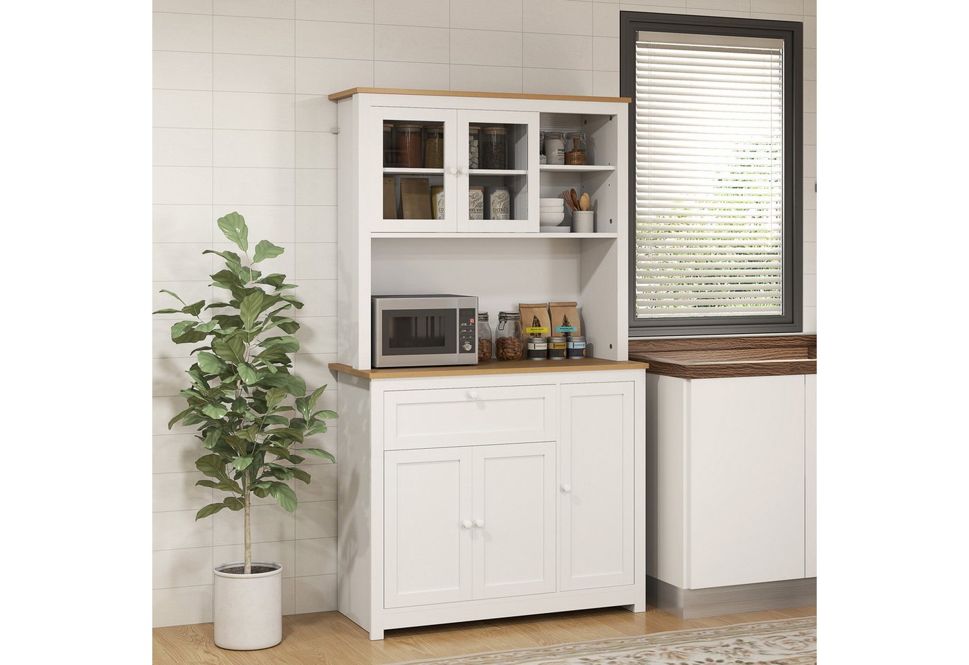 HOMCOM Küchenbuffet Hochschrank mit Arbeitsplatte, 5 Türen und Schublade Vorratsschrank (Vitrinenschrank mit Anti-Kipp-Schutz, 1-St., für Wohnzimmer, Küche) Weiß, 100 x 40 x 180 cm