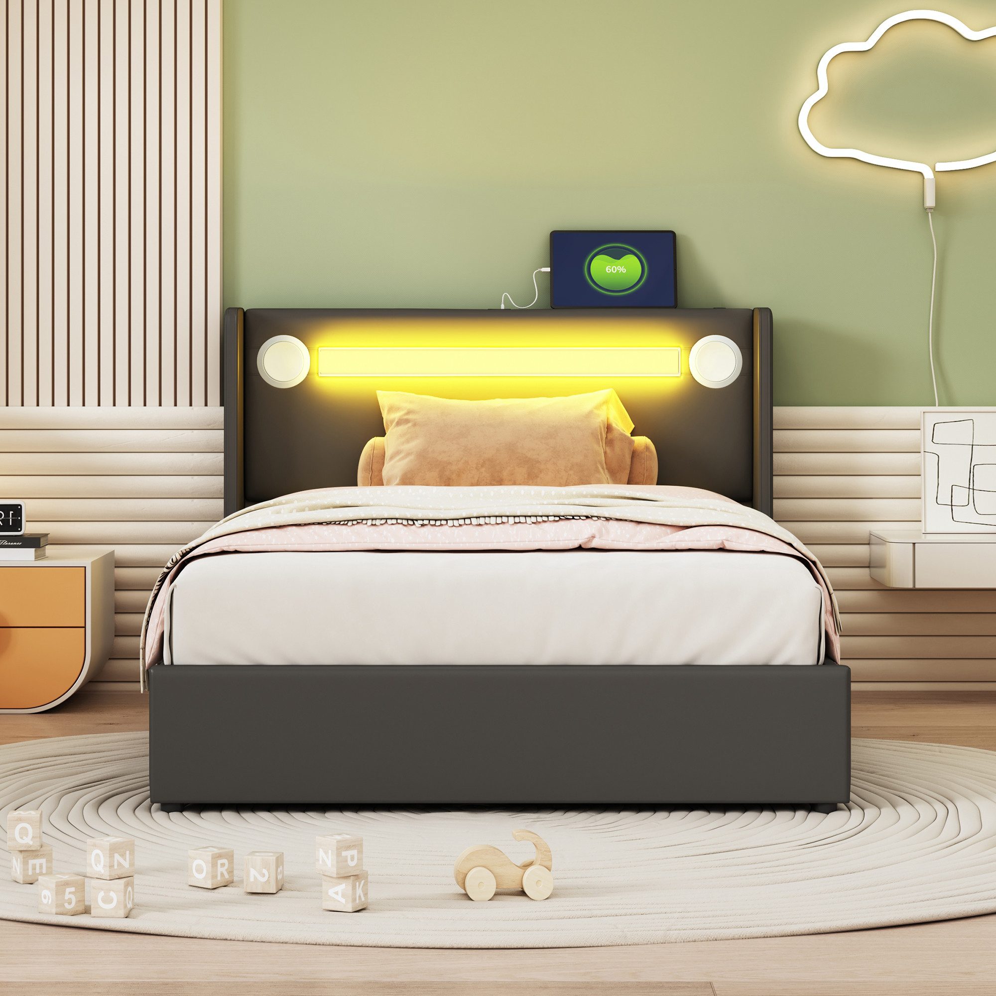 Flieks Polsterbett, LED Beleuchtung/Bluetooth/USB-Aufladen Einzelbett 90x200cm Kunstleder