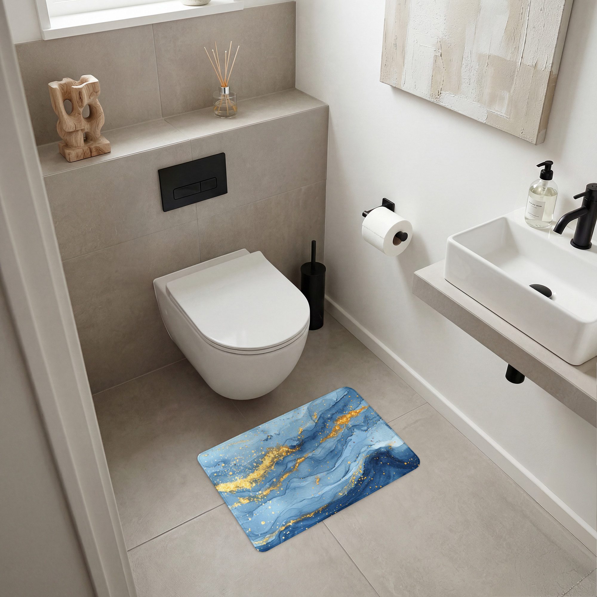 OnlyWow WC-Vorleger Aquarell - Blau - Kunst - Gold - Luxus - Modern, Höhe 10 mm, Polyester, Rechteckig, WC Teppich, Toilettenvorleger, Toilettenteppich, Badematte 60x40 cm