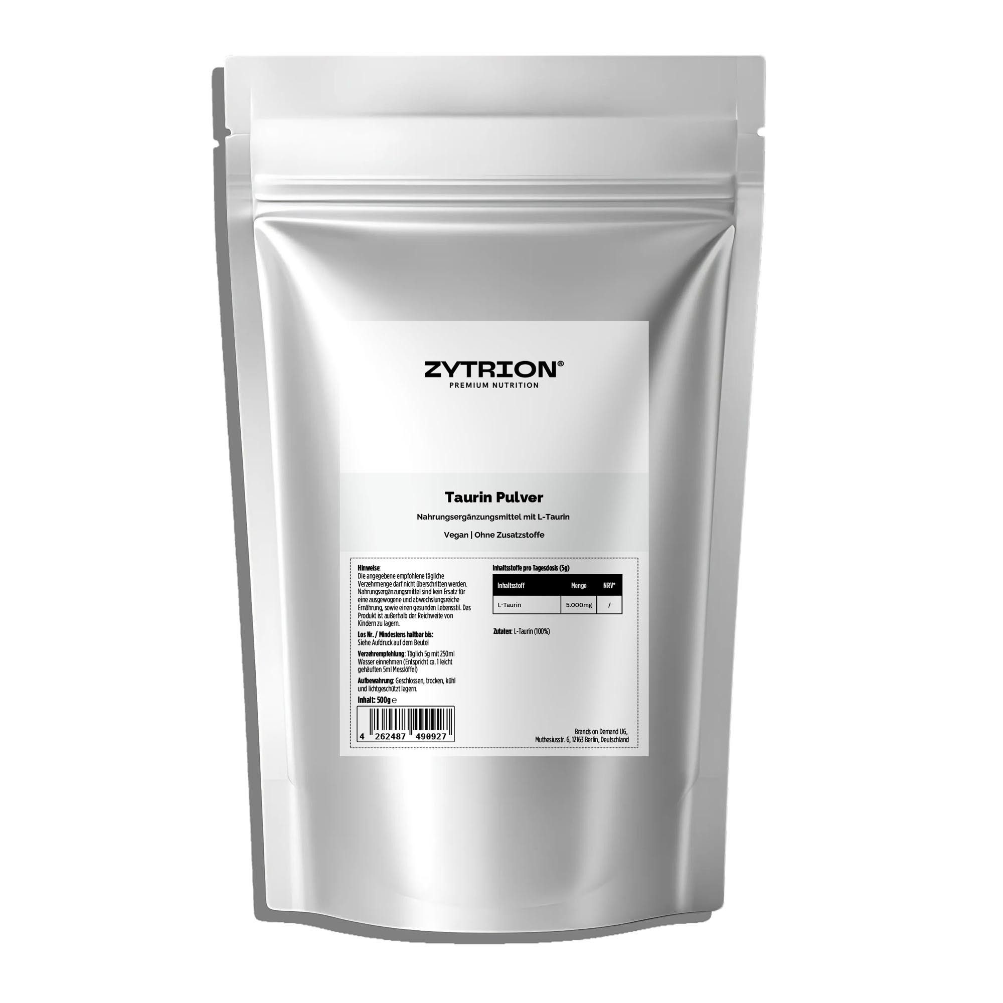 ZYTRION Taurin 500 g – Ohne Zusätze, Vegan, fein gemahlenes Pulver, 500 g, Neutraler Geschmack und gute Löslichkeit