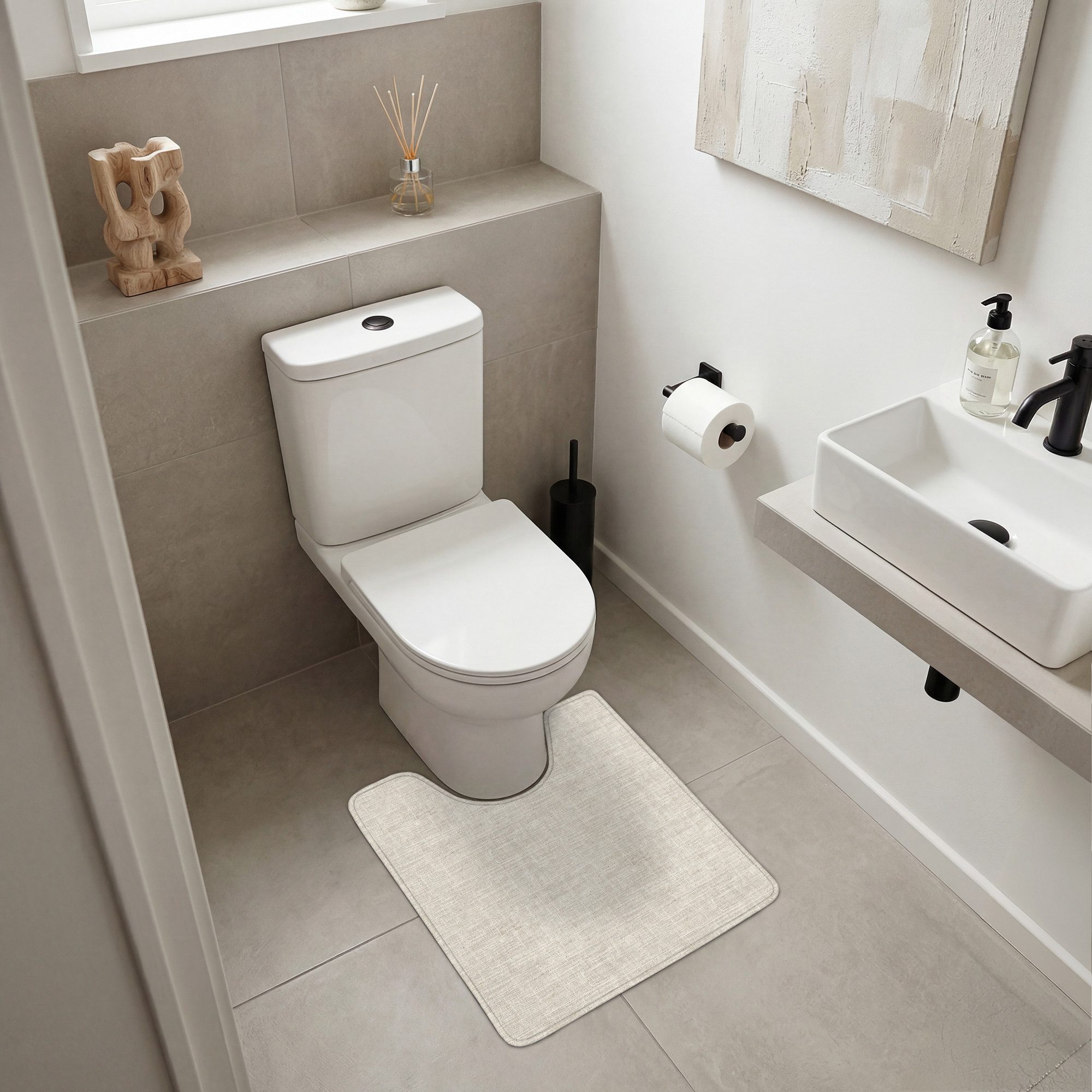 OnlyWow WC-Vorleger Leinen - Textur - Beige, Höhe 10 mm, Polyester, U-Form, Vorleger mit Ausschnitt, Toilettenvorleger, Toilettenteppich