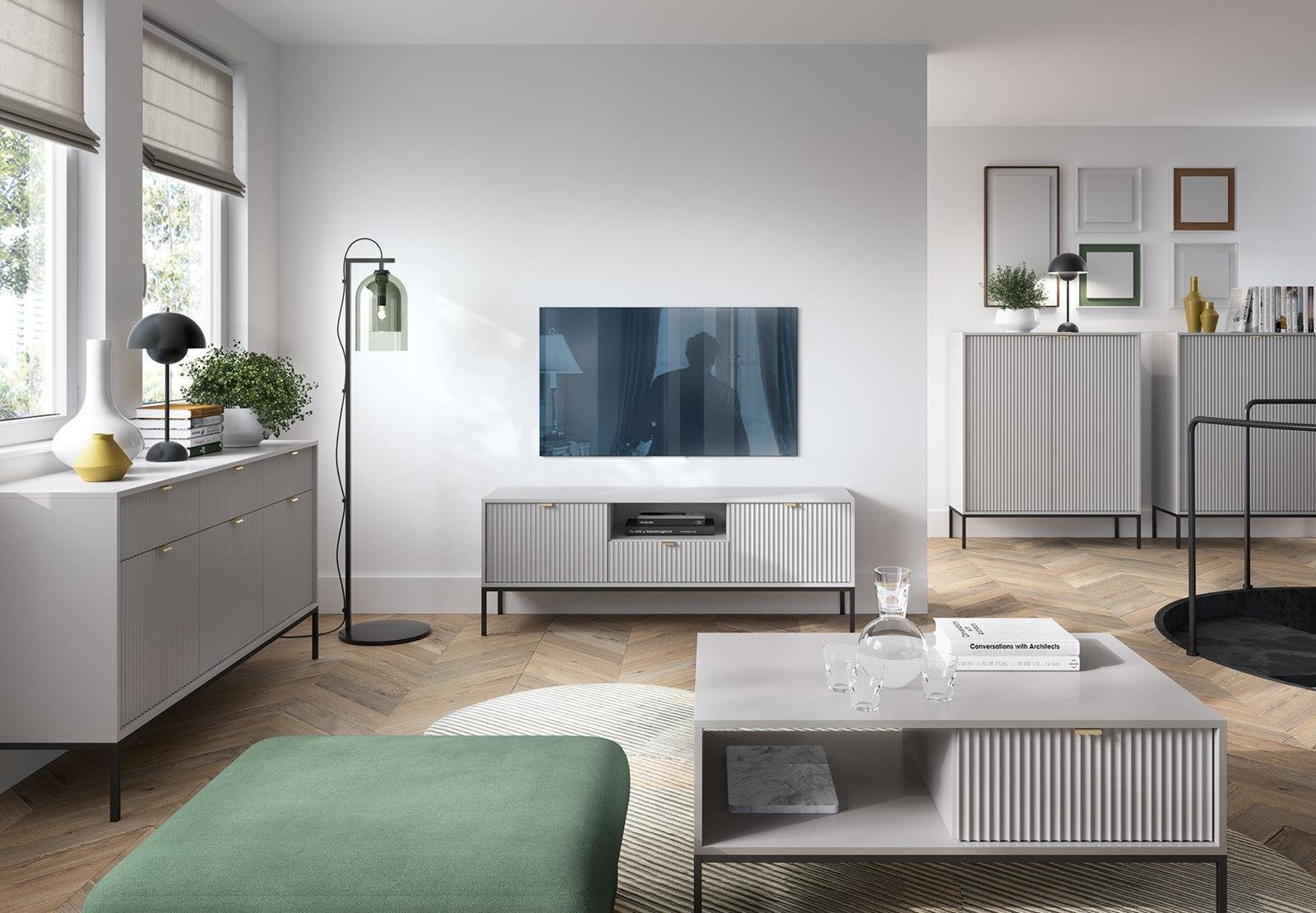Novia im Farbe) Wohnzimmer, Grau TV-Schrank Weiß Schwarz Beautysofa modernes / Lowboard Stil / (Metallgestell, für