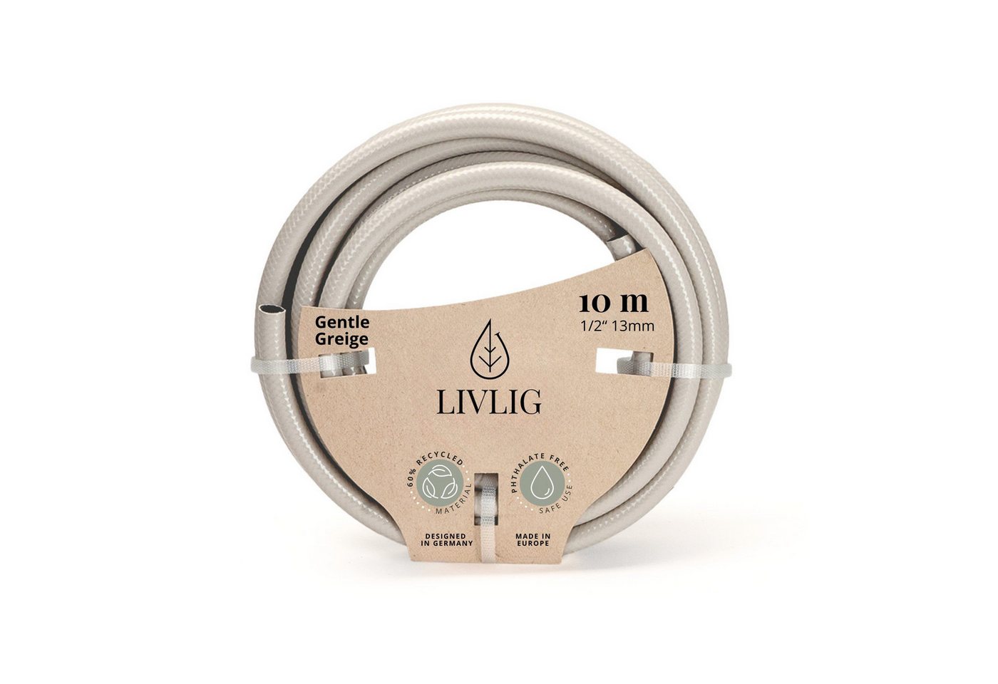 LIVLIG Gartenschlauch 1/2 Zoll, Schöner Gartenschlauch, Wasserschlauch 1/2 Zoll, Greige, Made in Europa, aus 60% recyceltem PVC