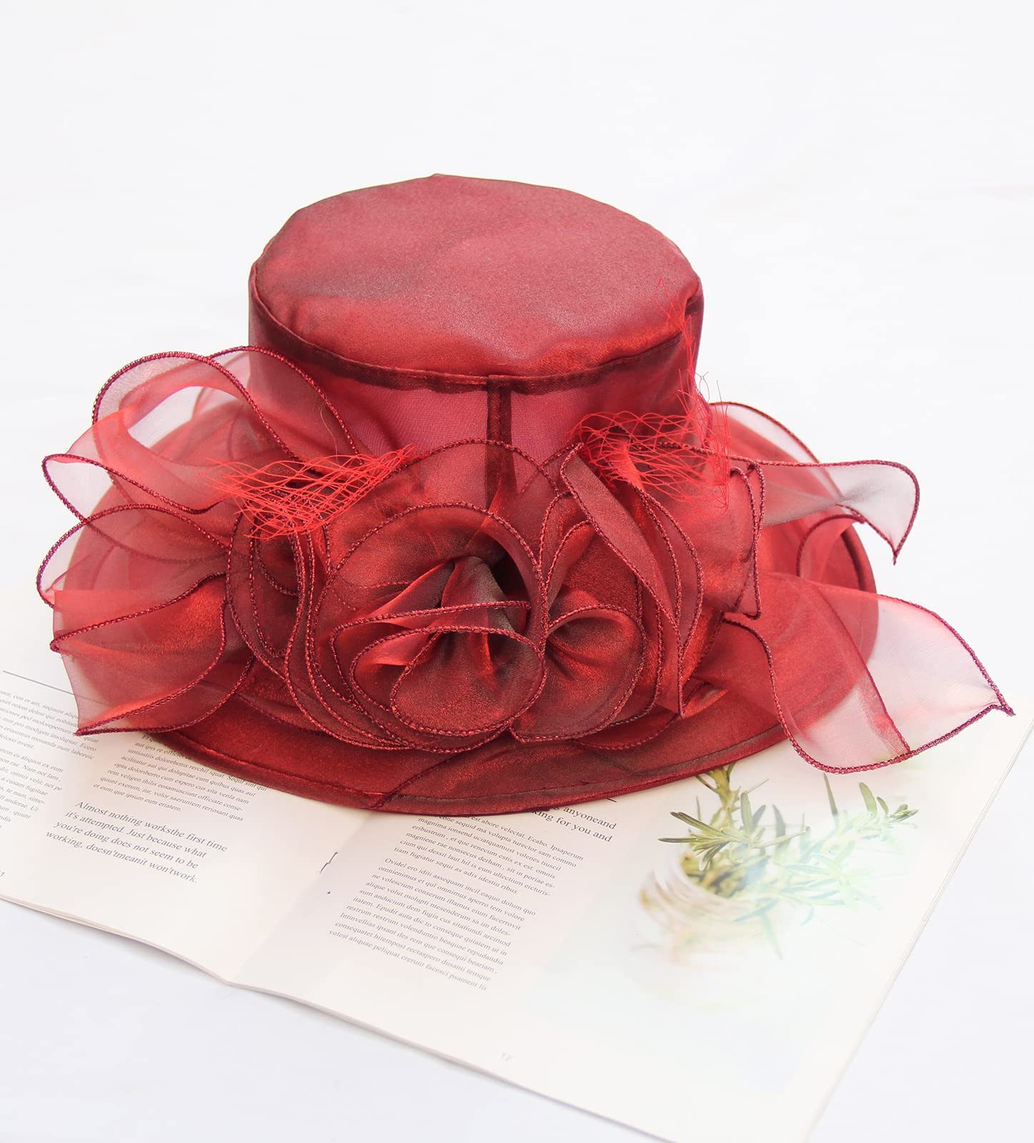 Bwecuy Sonnenhut Damenhut mit breiter Krempe, Blumen- und Blattdekor ideal für Hochzeit, Kirche und Tea Party – Bild 5 von 5