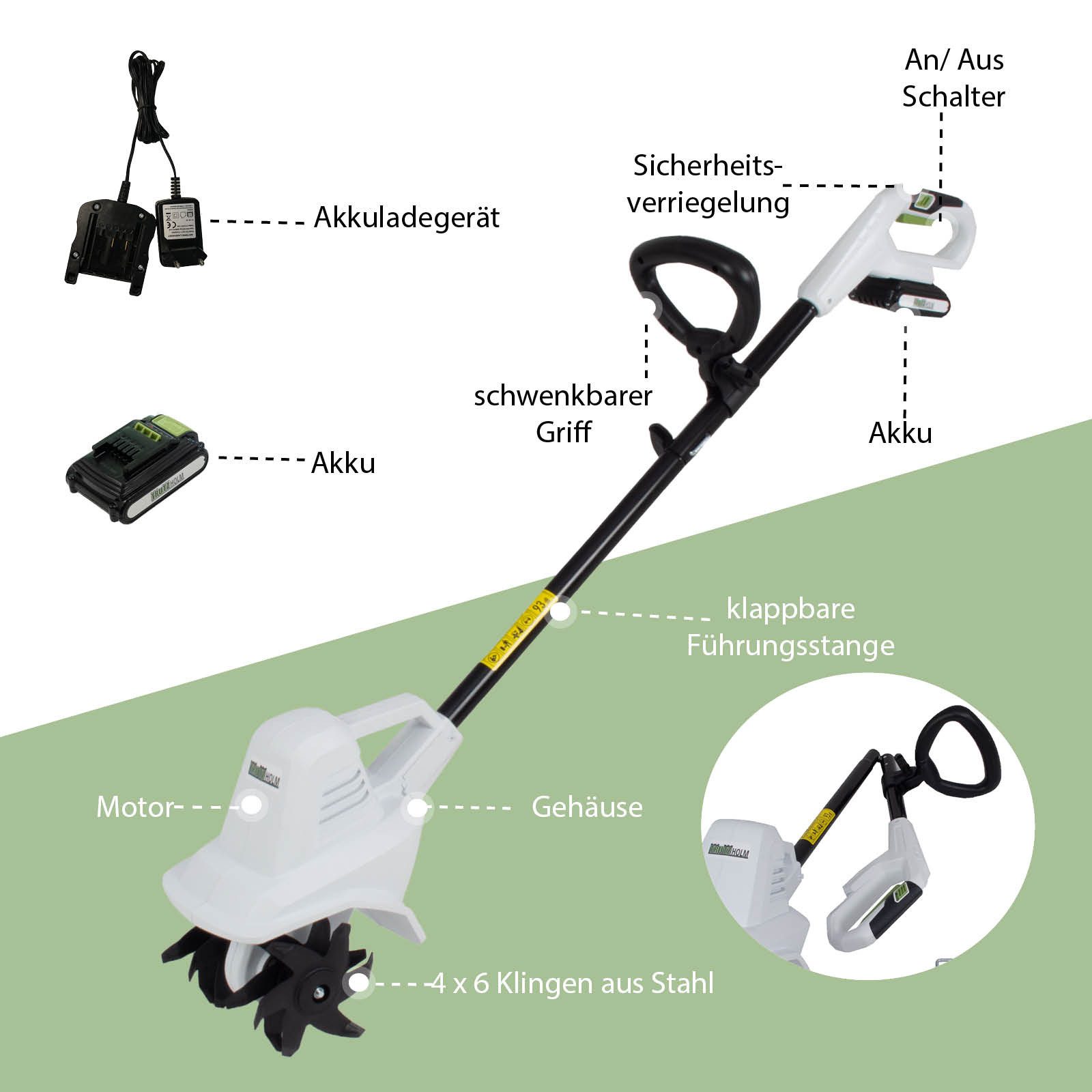 TRUTZHOLM Akku-Motorhacke Akku Bodenhacke 20V/2.0Ah mit 2 Akkus und Ladegerät