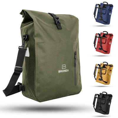 Bronea Fahrradtasche 3 in 1 Wasserdicht - 28L - GRÜN- Kombi Rucksack & Umhängetasche - (Schnellmontage an Gepäckträger, integrierte Laptoptasche), Diamond-Struktur Laptoptasche 100% Wasserdicht Reflektierende Elemente