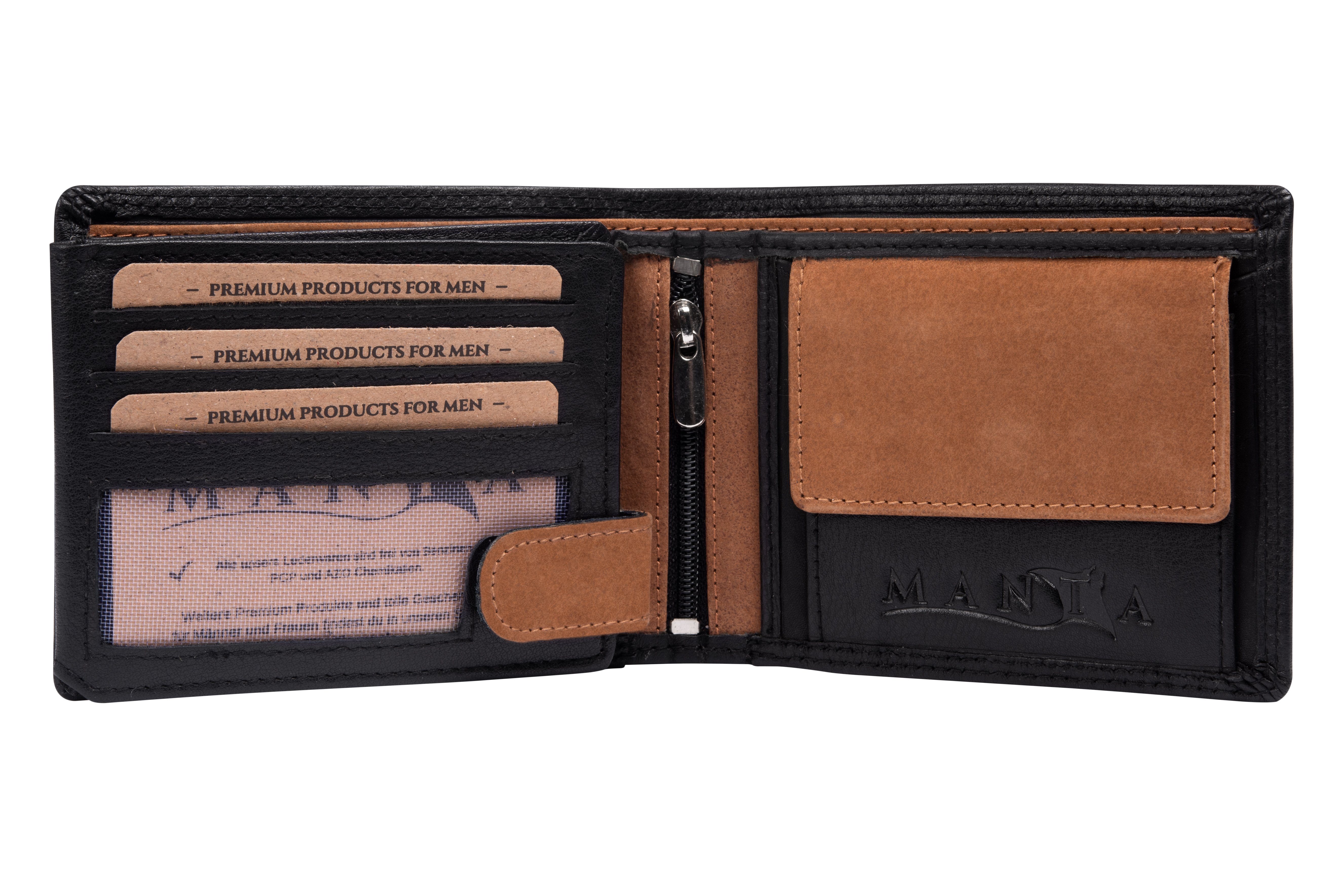 Premium Safe + Geldbörse Schutz Black-Brown Herrengeldbeutel aus Leder RFID MANTA RFID Echtleder Brieftasche, Echtes