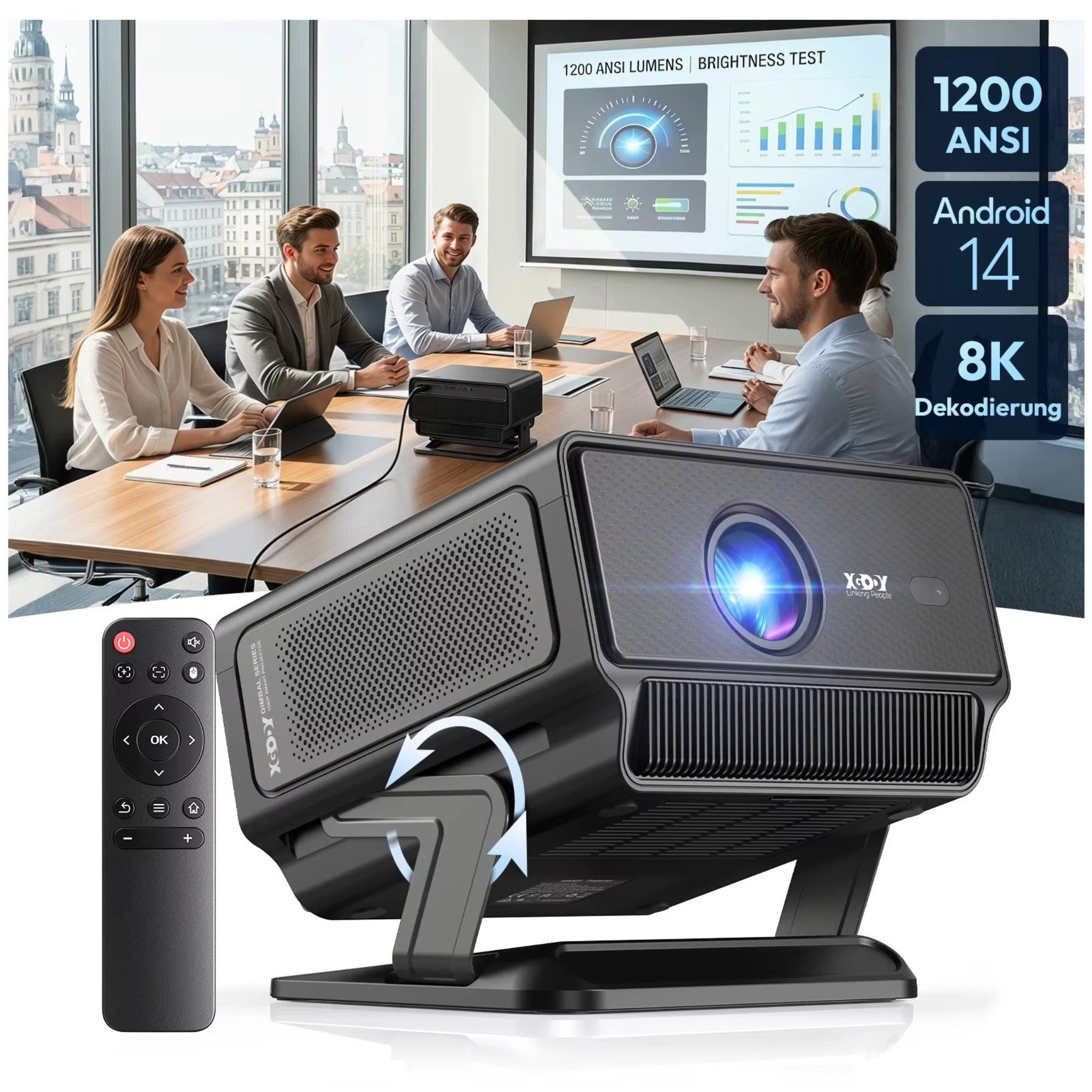HS.SUPPLY Smart Beamer 1200 ANSI Full HD 1080p Android 14 WiFi 6 Autofokus LED-Beamer (1200 lm, 2500:1, 1920 × 1080 px, 200 ANSI, natives Full HD, 8K-Dekodierung, Android 14, Autofokus)