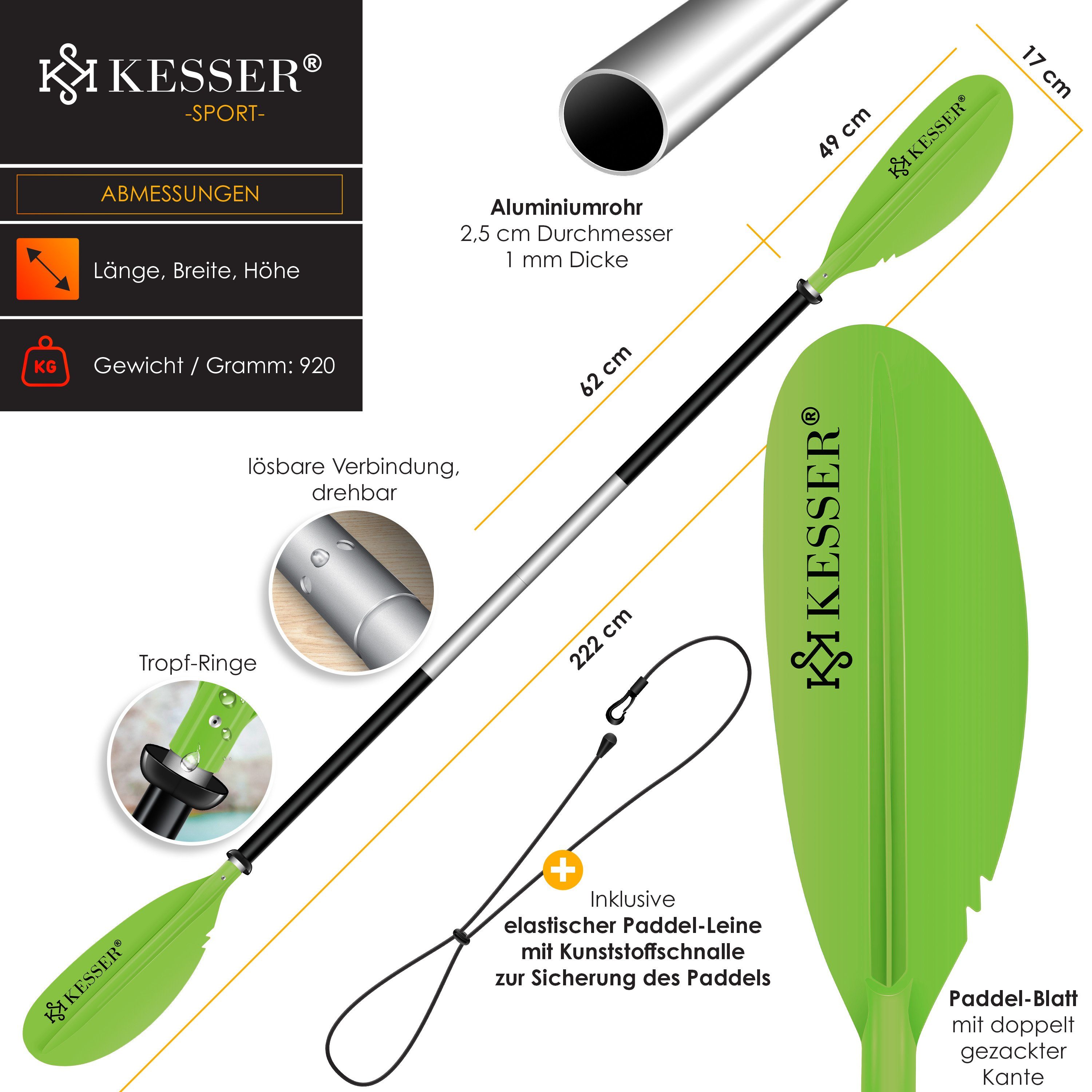 SUP-Paddel, KESSER Kayak Paddle Doppelpaddel SUP Kanu für grün Stand-Up 4-teilig