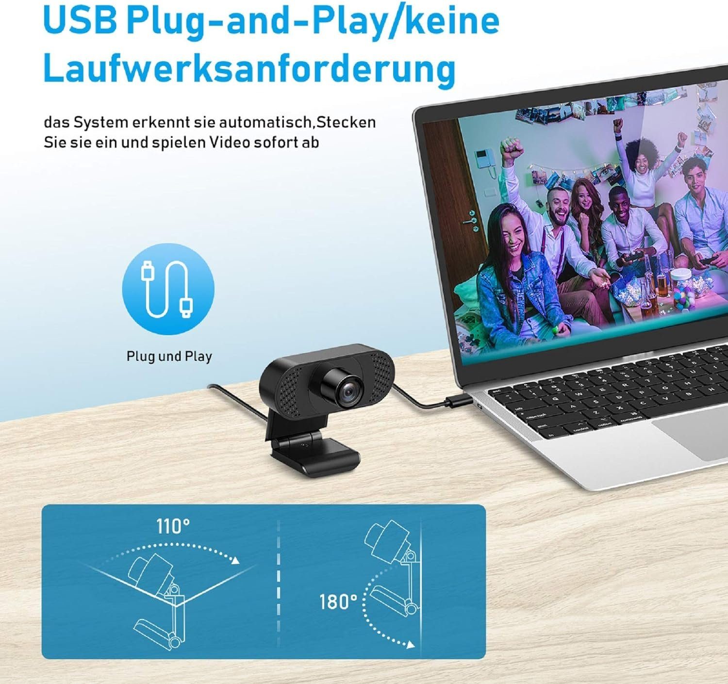Diyarts Full HD-Webcam (Full HD 1080P, für Laptop, Desktop, USB 2.0 Plug & Play, Webcam pc, Automatische Lichtkorrektur für Streaming, Videoanrufe und Konferenzen)