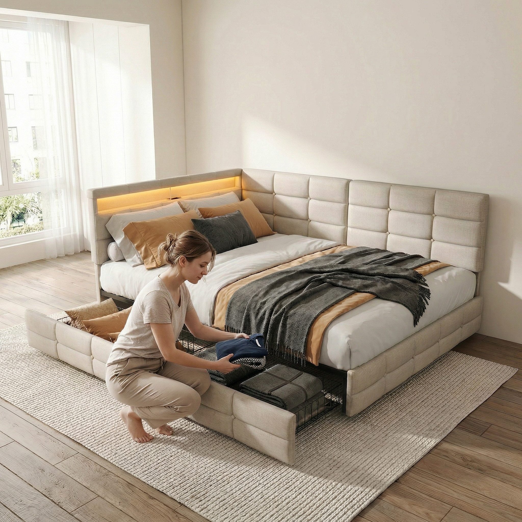 Gdood Polsterbett Daybett Jugendbett Tagesbett (1-tlg., 2 Schubladen, Geeignet für Jungen und Mädchen), Mit LED-Beleuchtung, Ladefunktion, Leinen, 140x200 cm