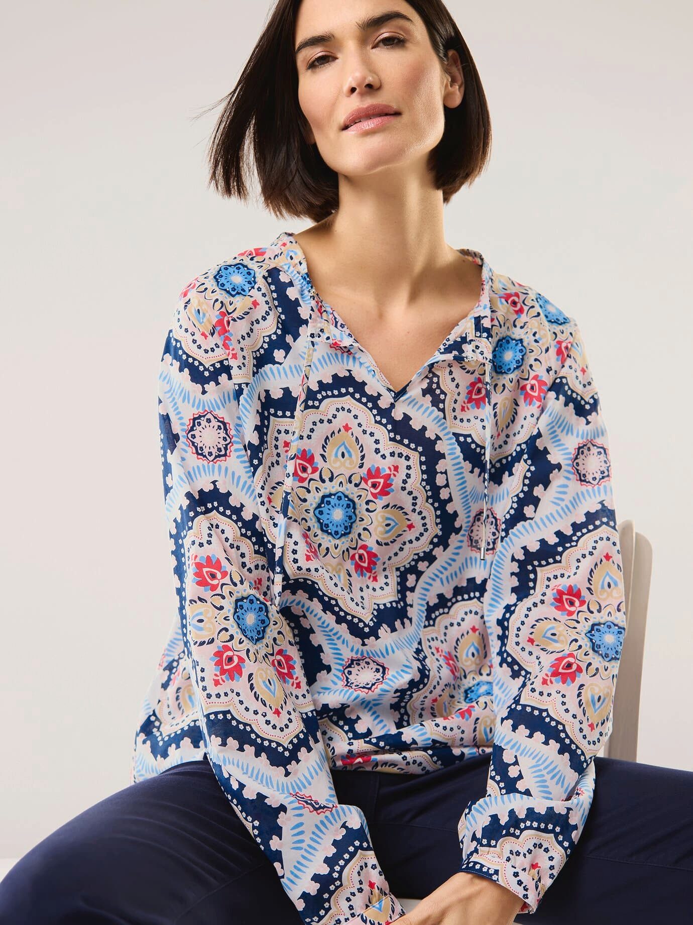 Walbusch Langarmbluse Damen Bluse aus Baumwoll-Voile Rundhals Langarm Pflegeleicht, klimatisierend, bügelleicht, Raglanärmel, Kordelzug