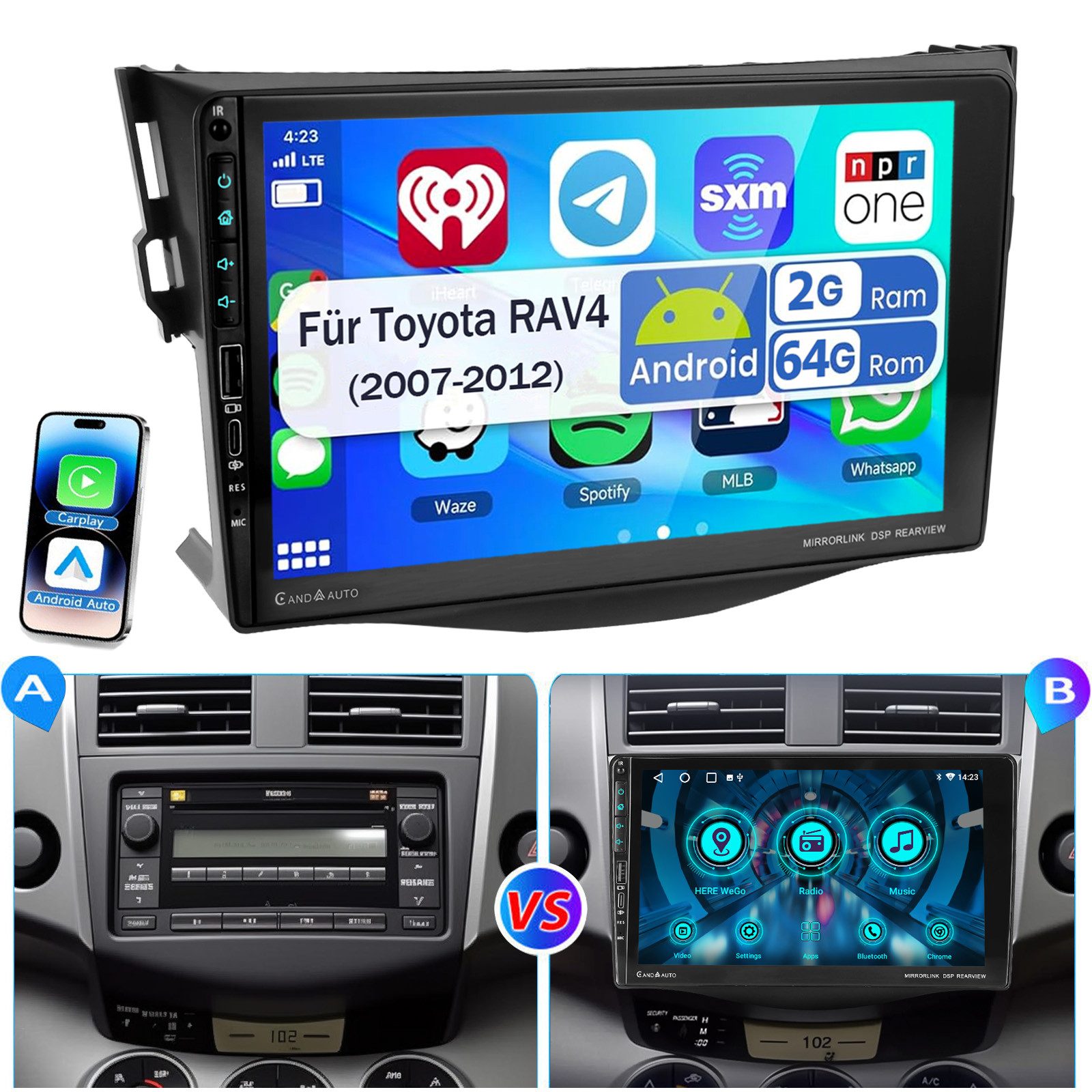 9" Android 15 Autoradio Für Toyota RAV4 2007-2012 Carplay USB Type-C Autoradio