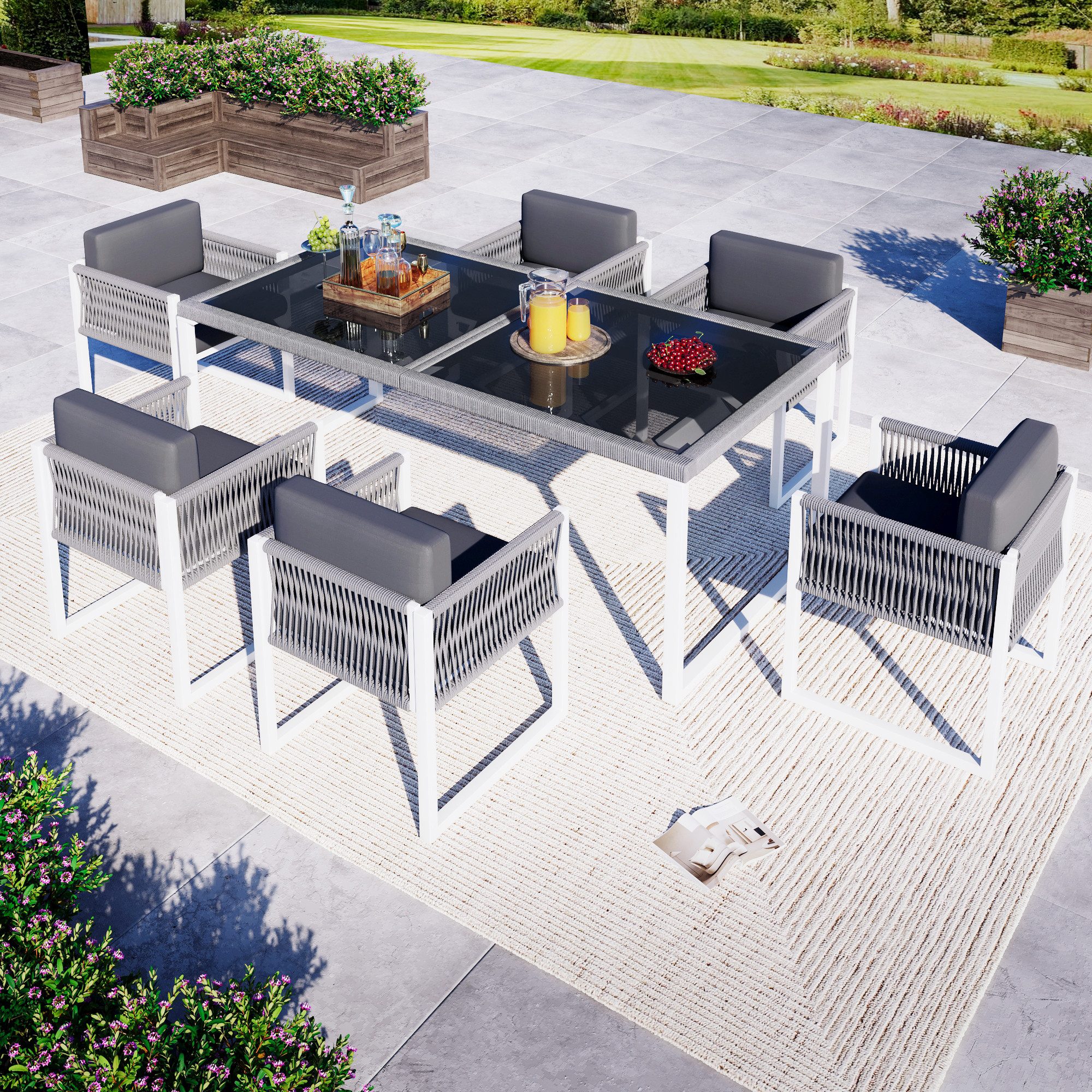 Celya Gartenlounge-Set Gartenmöbel, 6-Personen-Garten-Essgruppe mit Sesseln, Essgruppe, abnehmbarer und waschbarer Stoffbezug