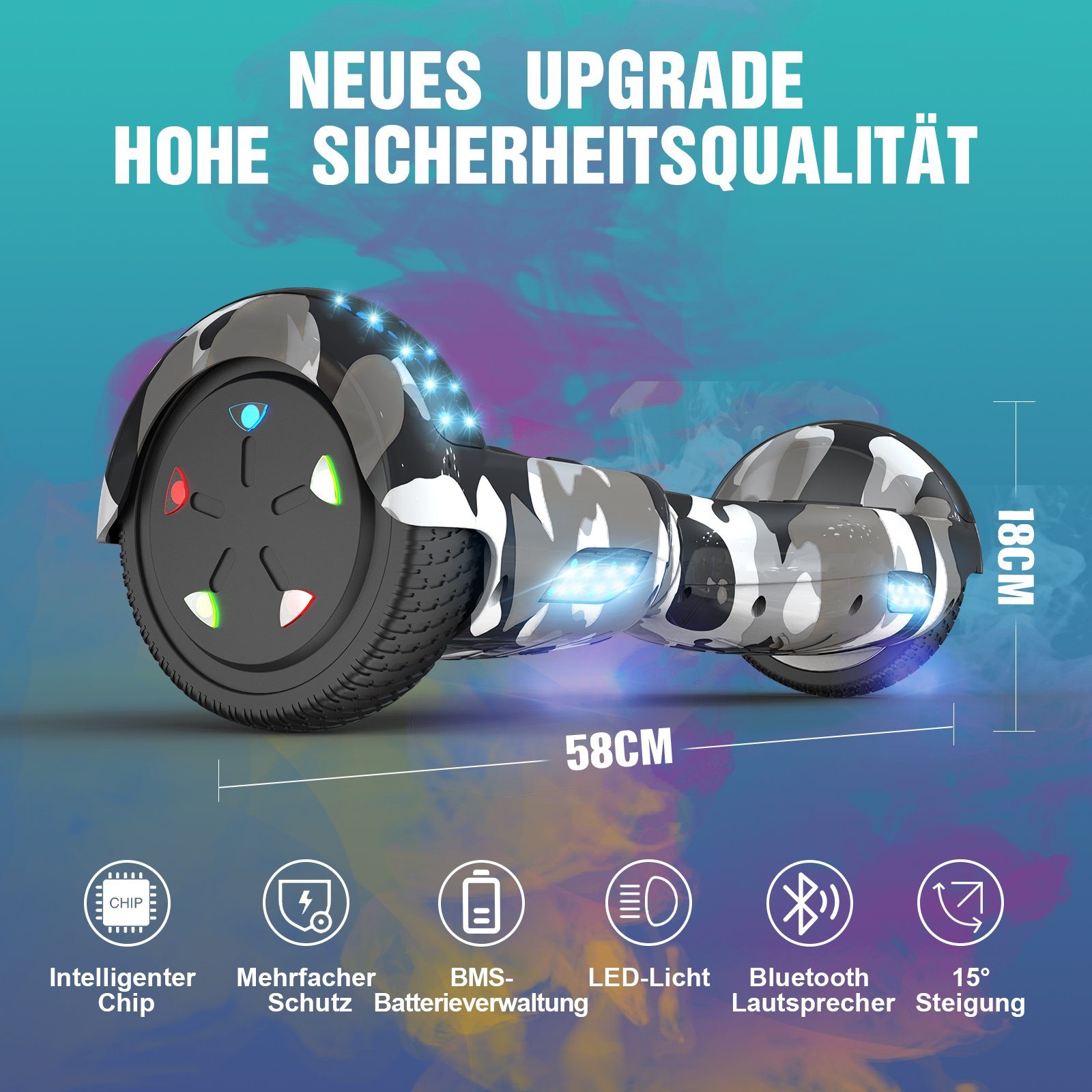RCB TECH Balance Scooter JD6, 6,5 Zoll Zweimotoren Hoverboard, mit LED-Leuchten und Bluetooth, 120,00 W, 15.00 km/h, bis zu 10 km Reichweite, keine Straßenzulassung